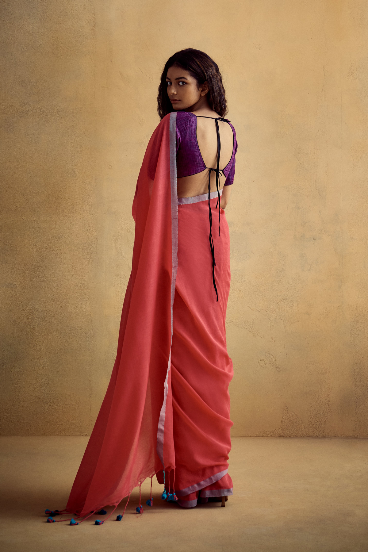 Red Khadi Cotton Saree With Grey Border