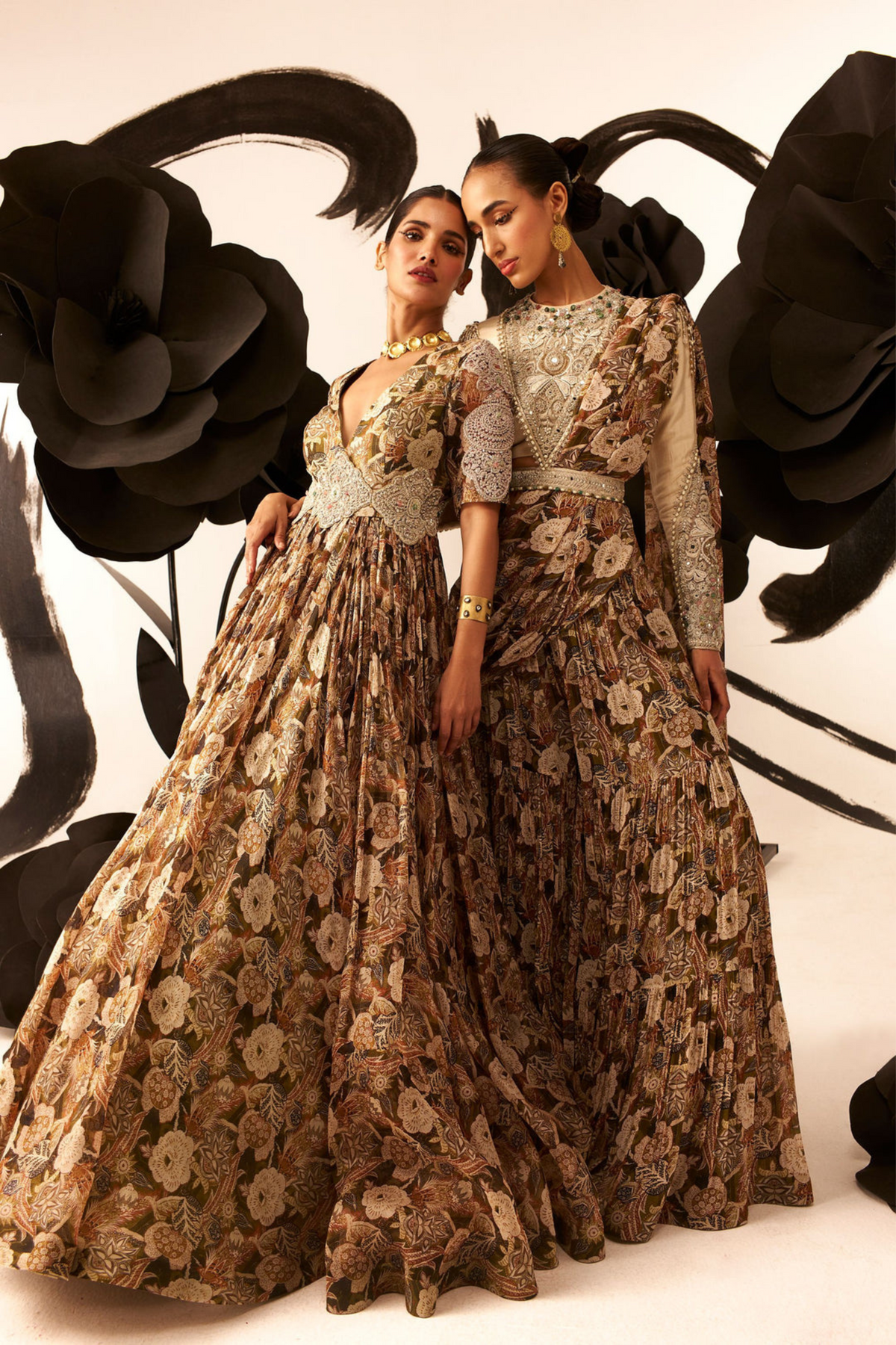 Abstract Floral Print Belted Anarkali