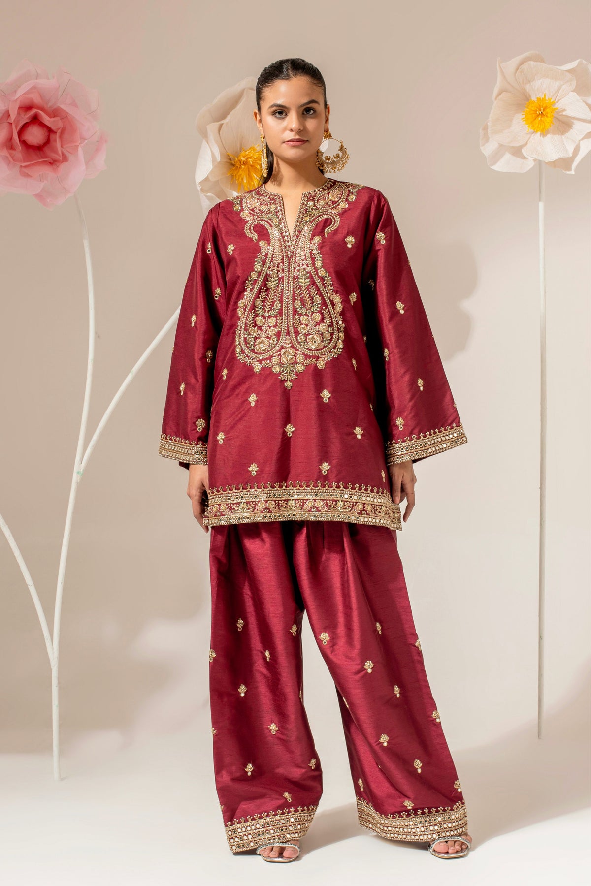 Maroon Silk Embroidered Paisley Kurta Set