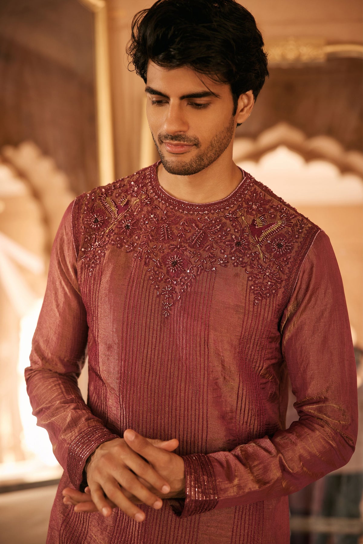 Wine Tissue Kurta Set