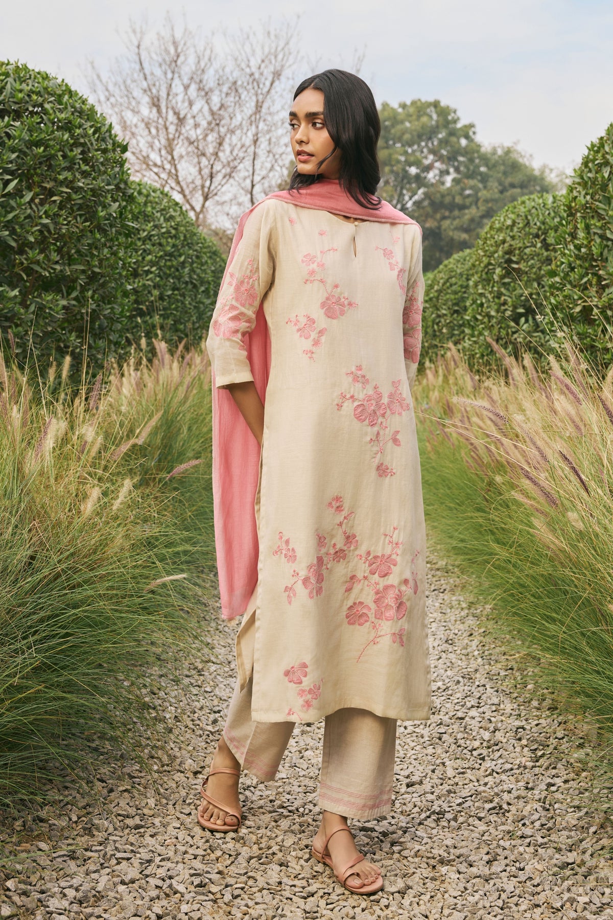 Ecru  Floral Applique Kurta Set