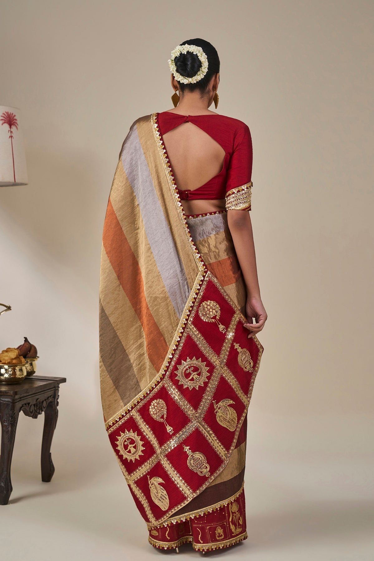 Red Tropical Stardust Saree