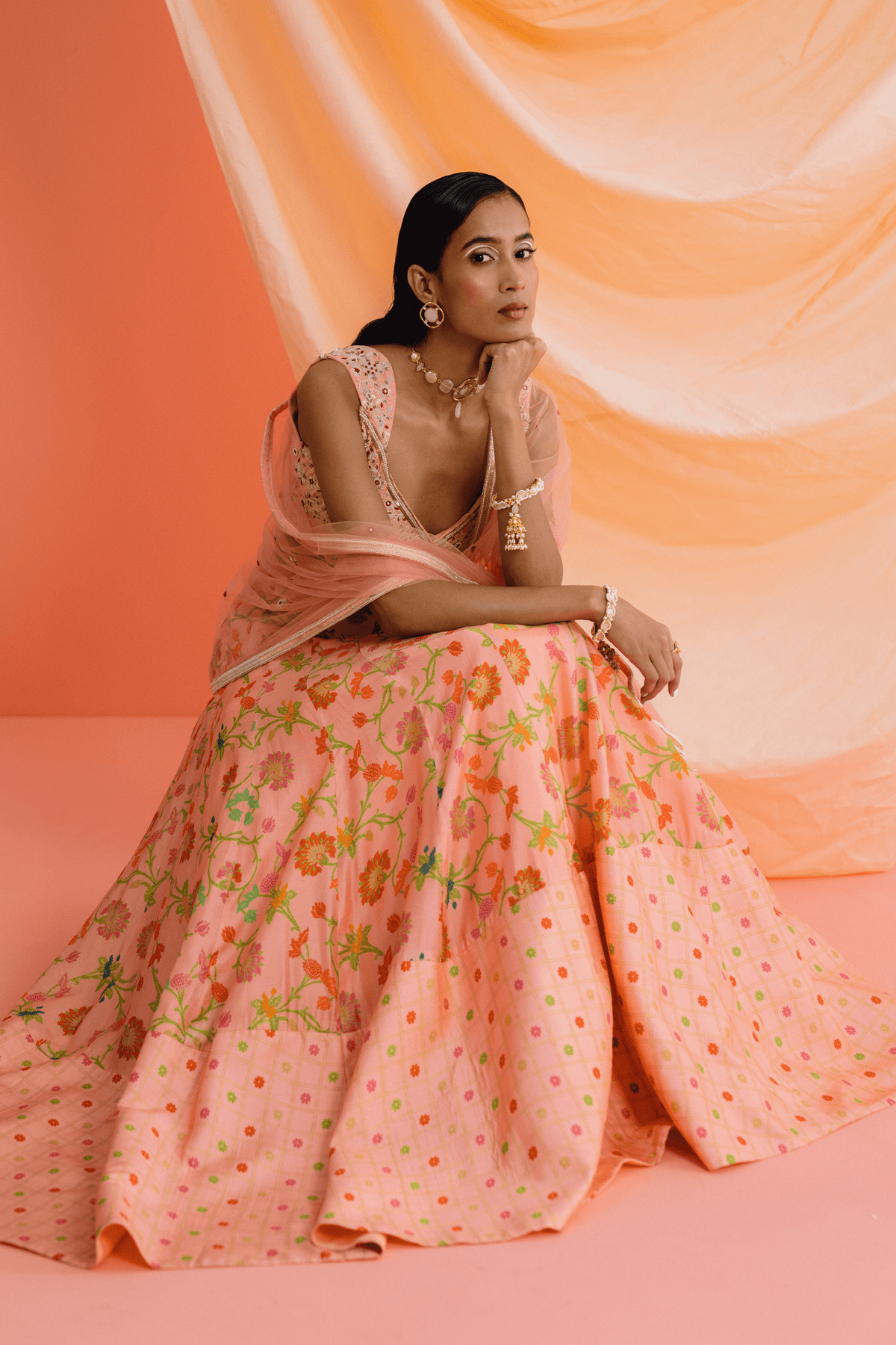 Peach Panelled Lehenga Set