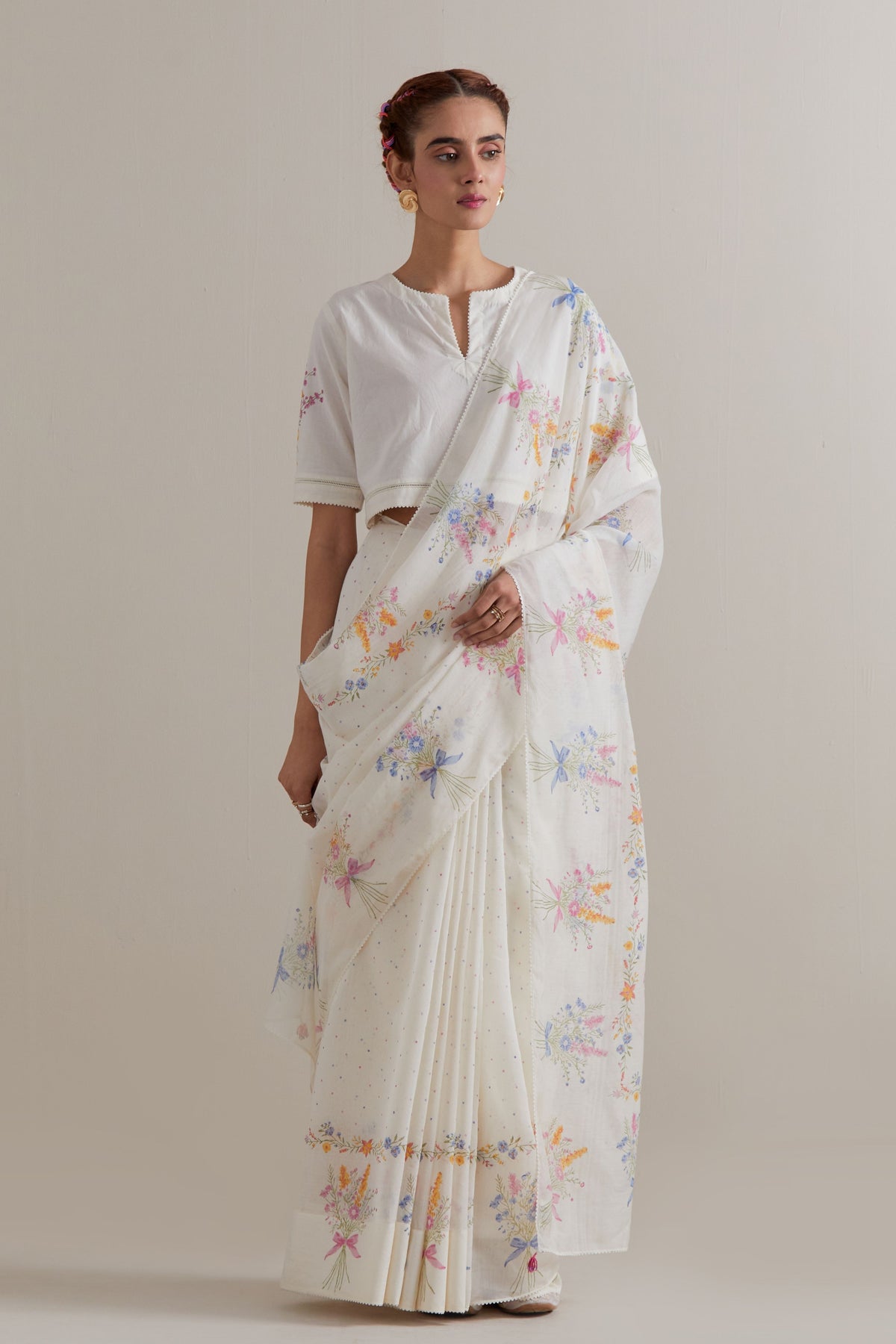 Multicolour Polka Saree Set