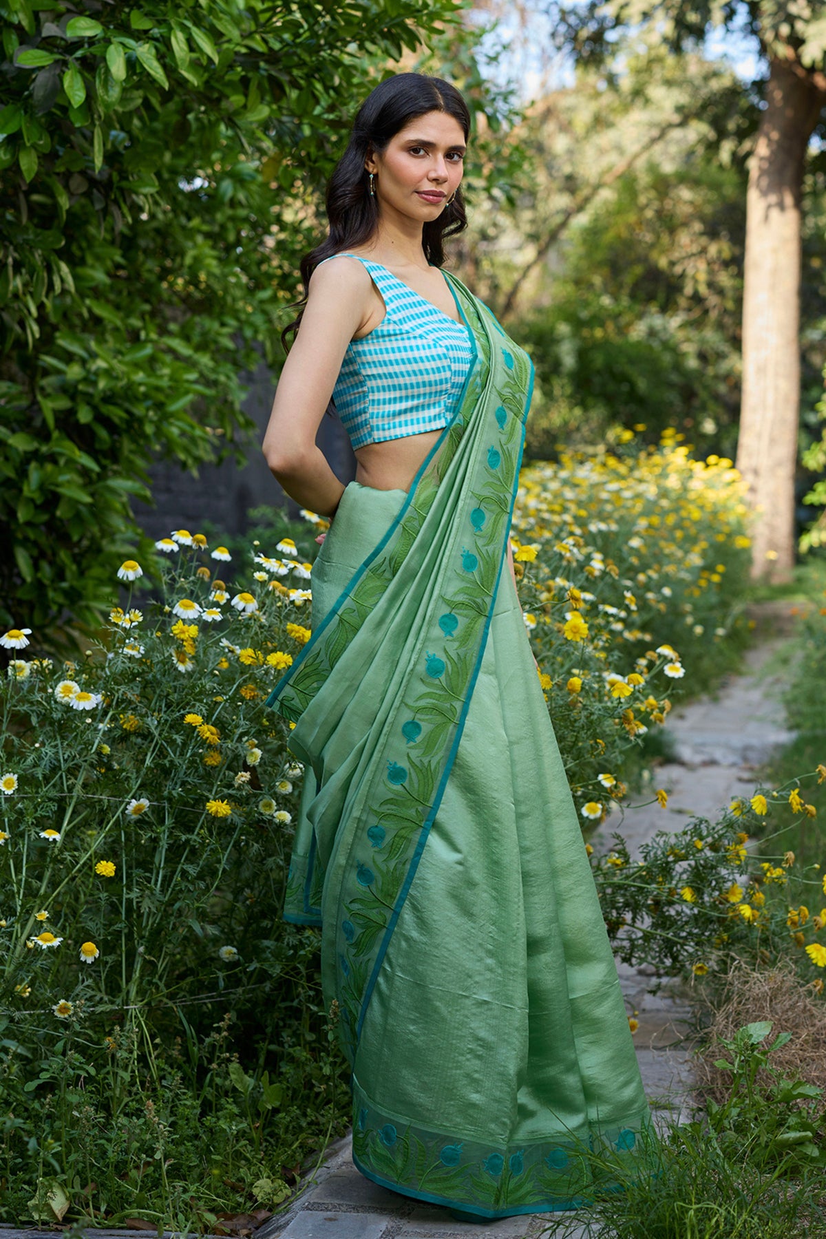 Pomegranate Trail Green Embroidered Saree
