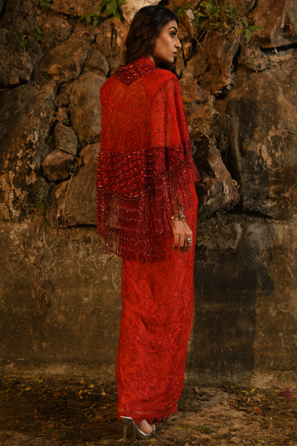 Red drape dress with cape jacket
