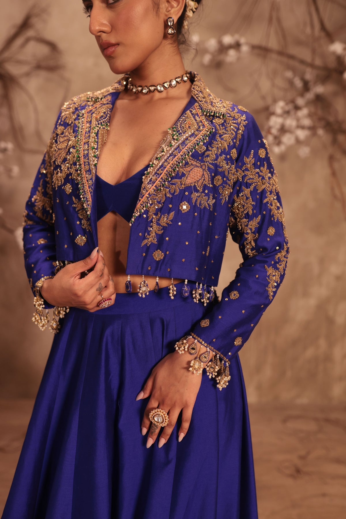 Blue Embroidered Jacket Set