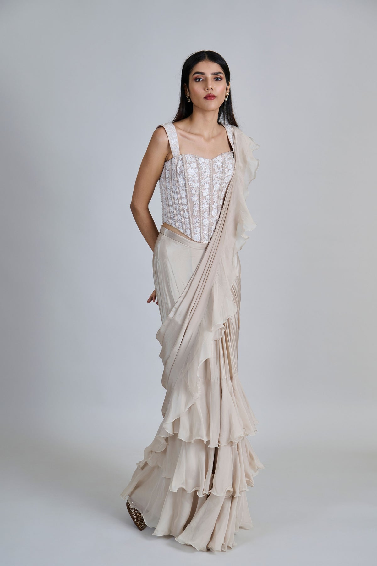 Champagne Draped Saree Set