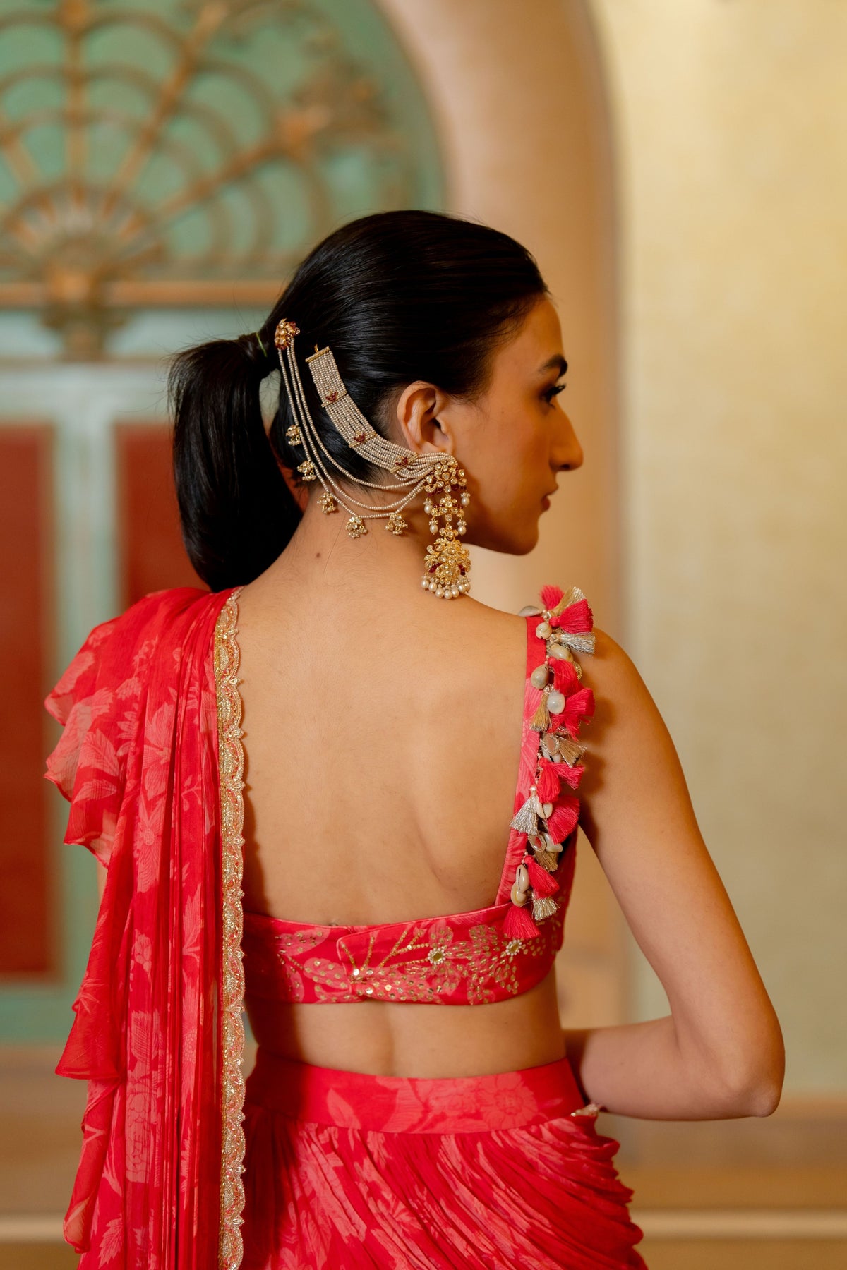 Cherry Red Printed Saree Set