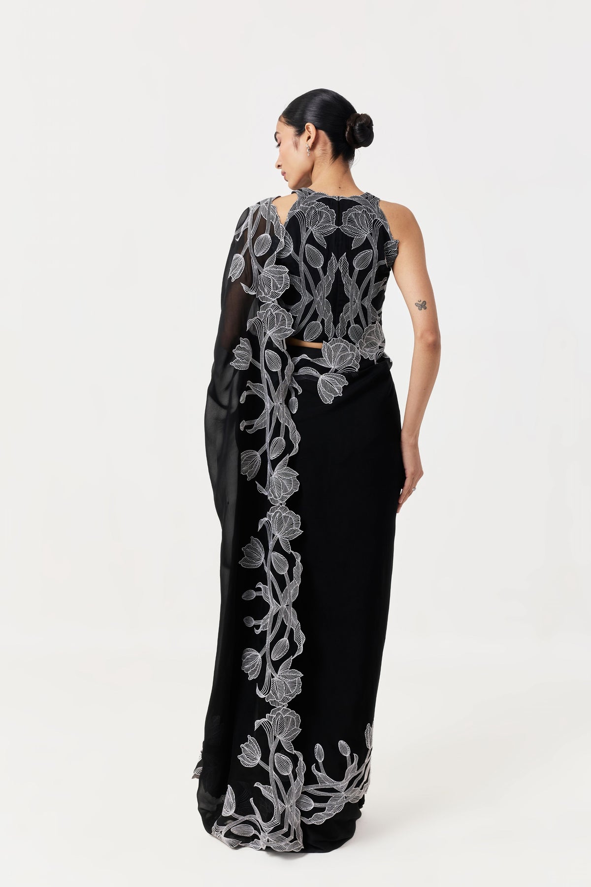 Wild Tulip Black White Pre-Stitched Saree Set