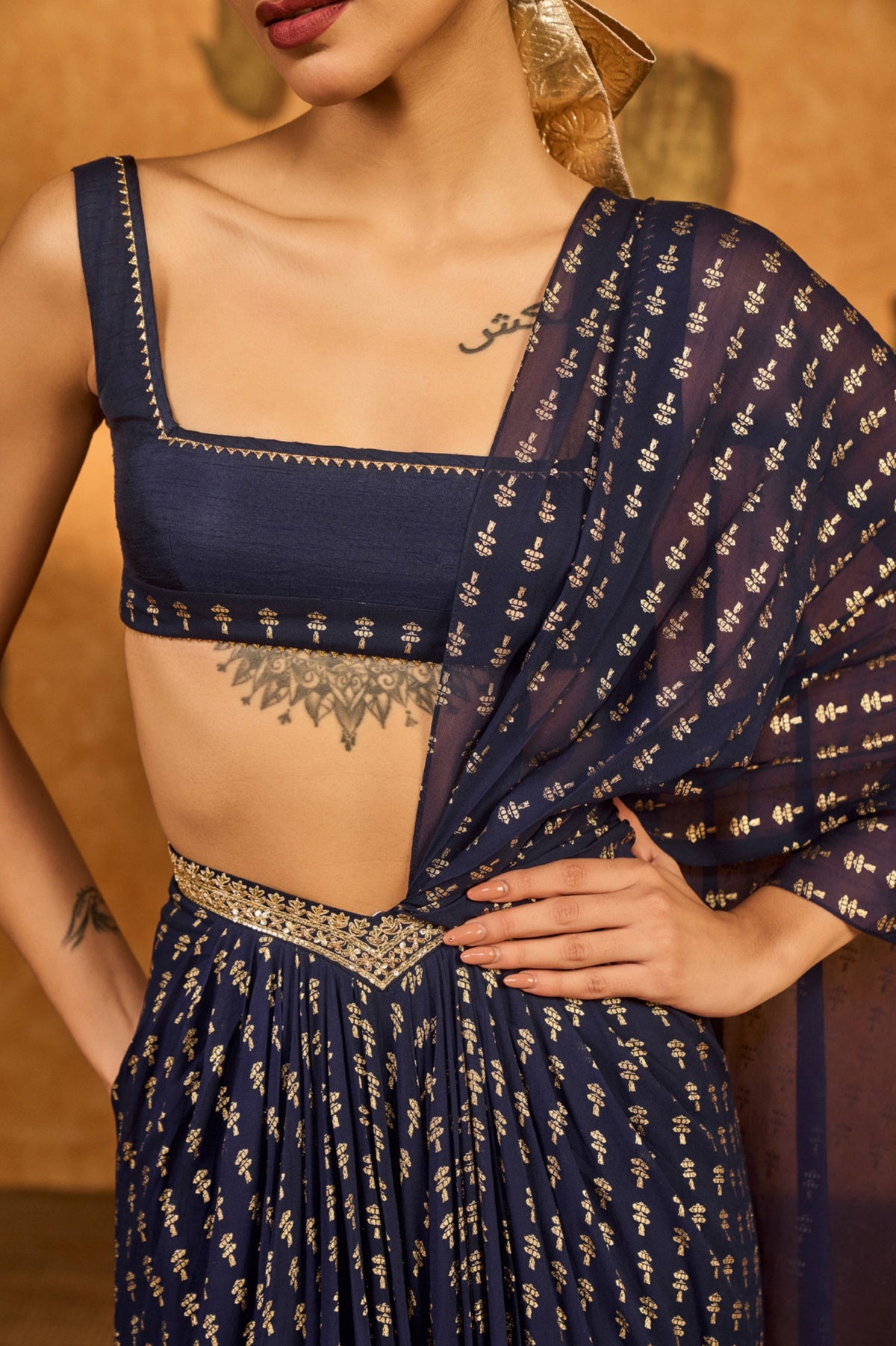 Navy Blue Draped Saree Set