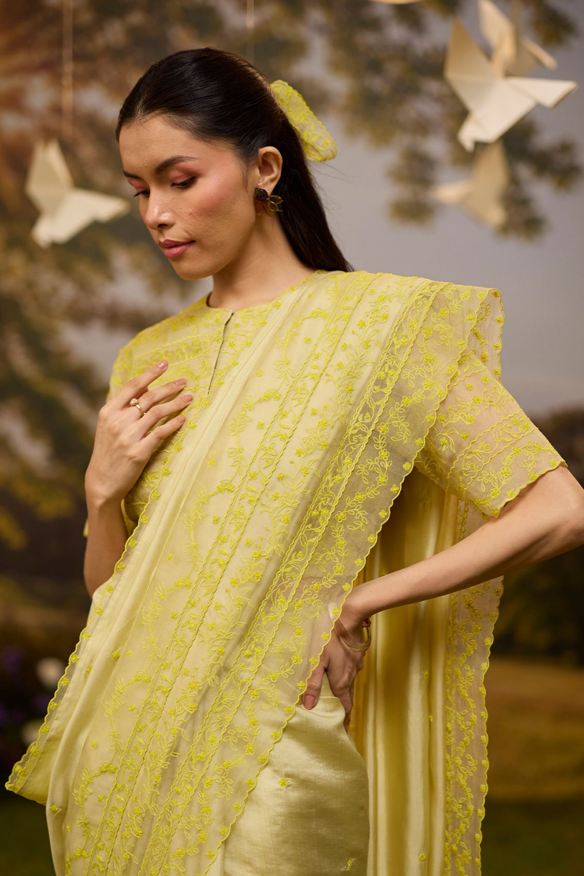 Woodland Stories Embroidered Yellow Saree