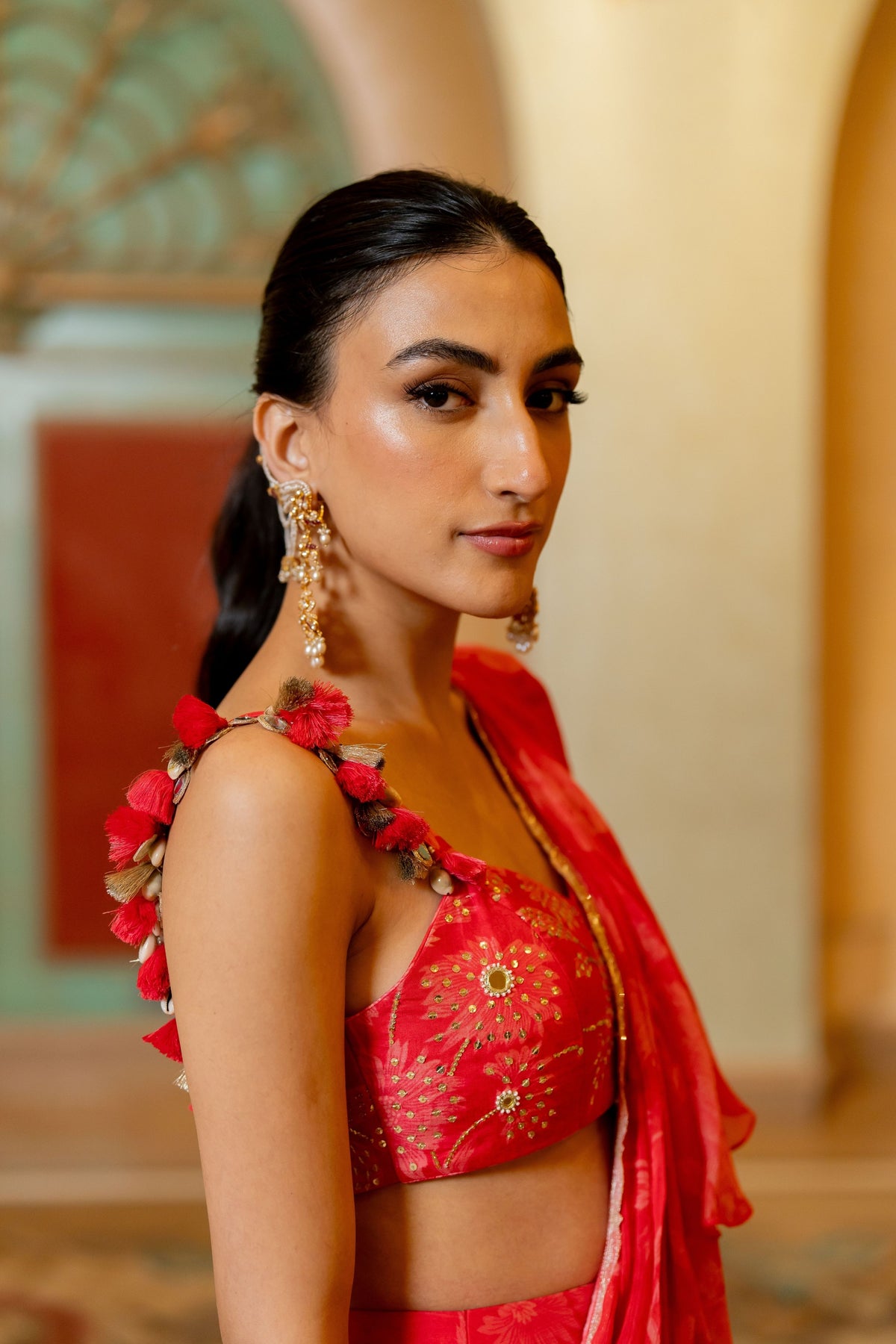 Cherry Red Printed Saree Set