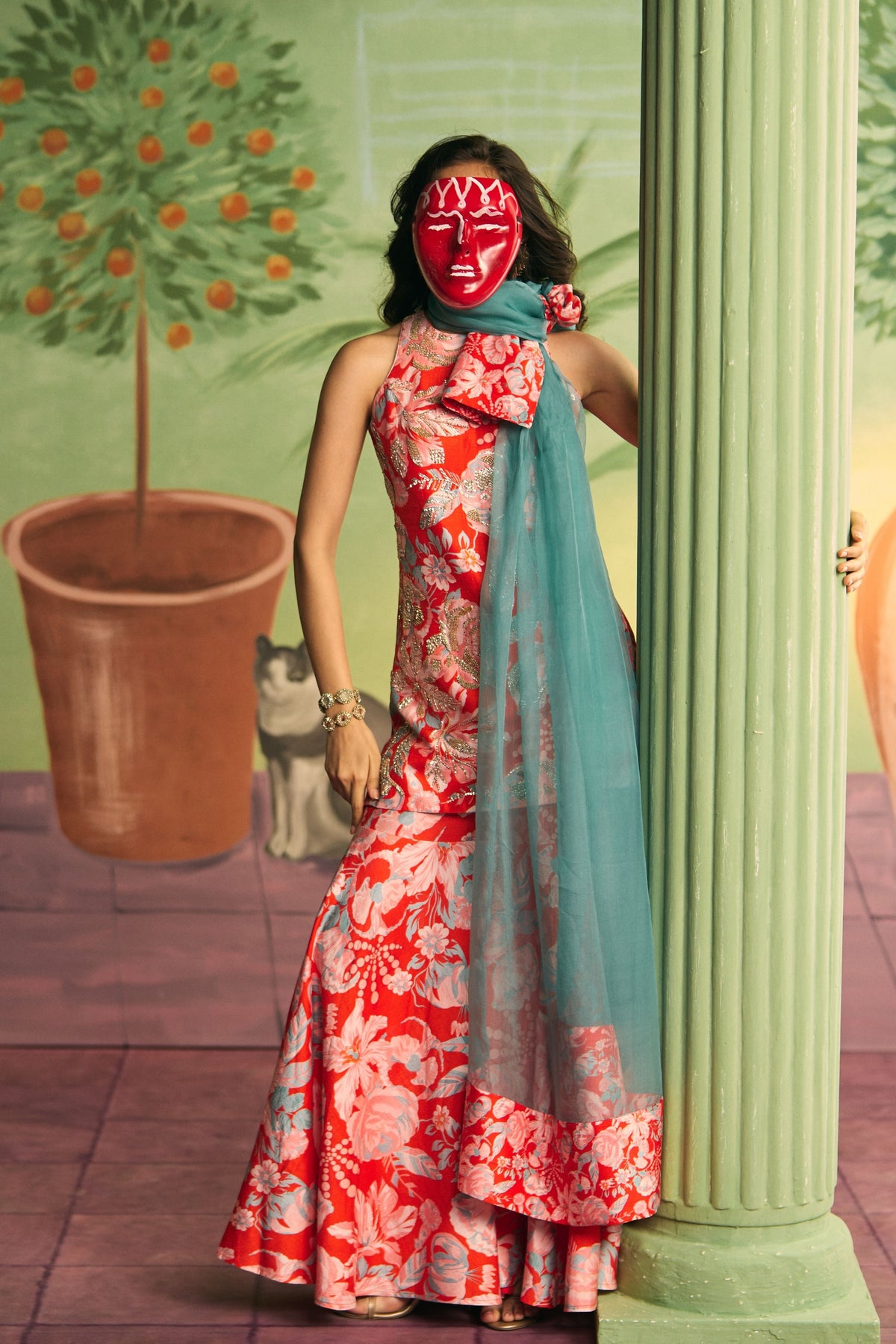Red Apricot Garden Sharara Set