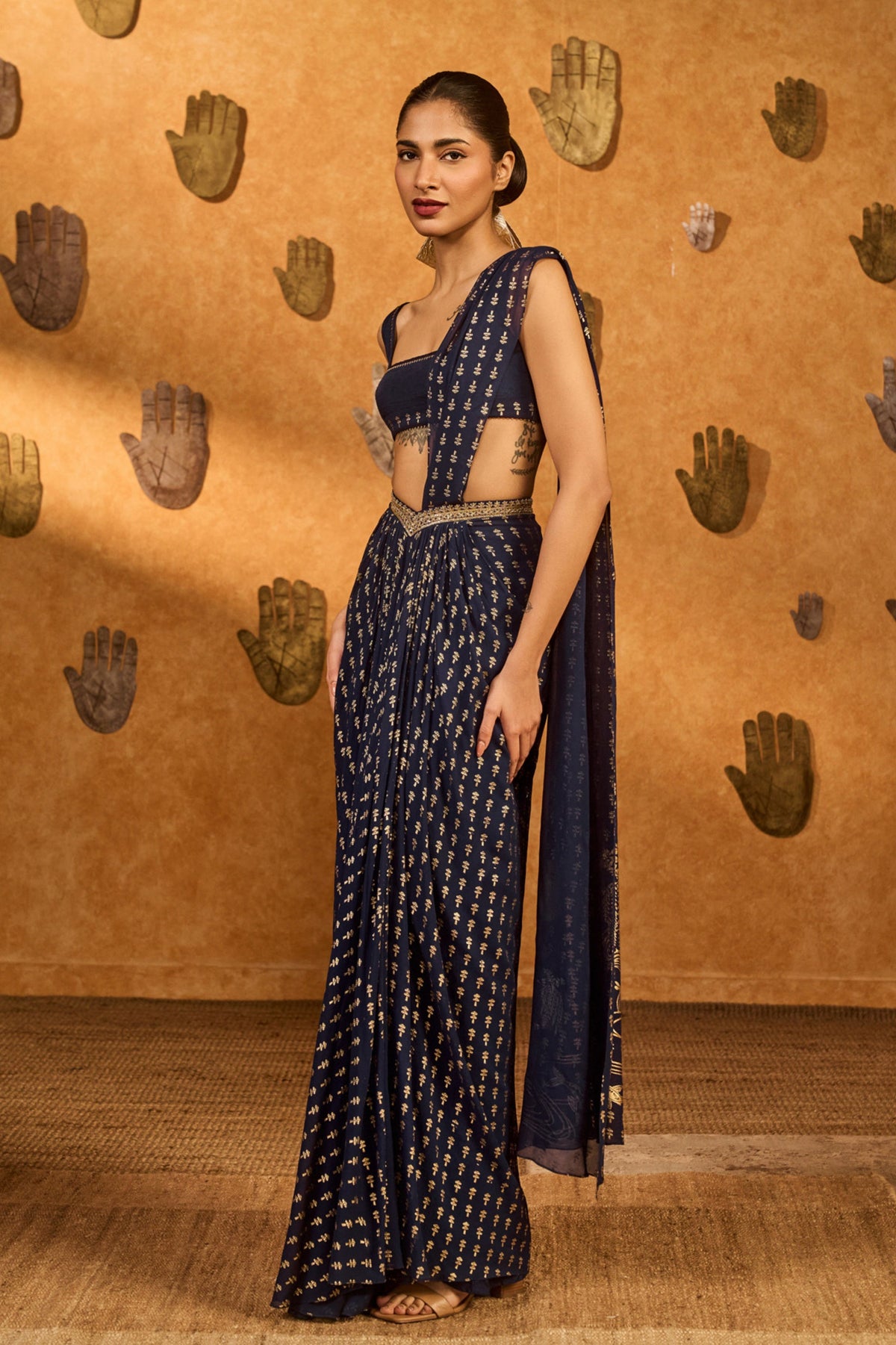 Navy Blue Draped Saree Set