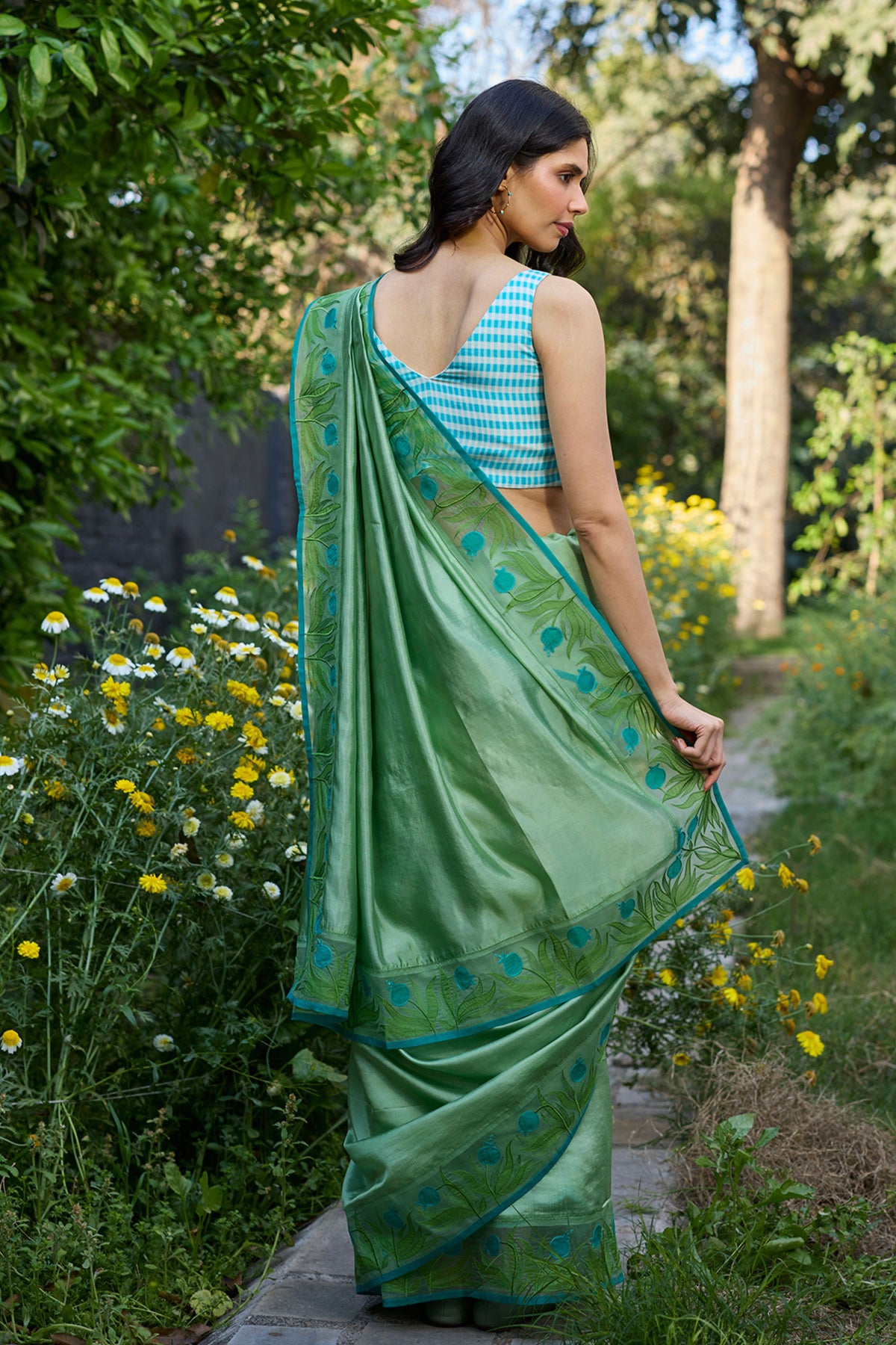 Pomegranate Trail Green Embroidered Saree