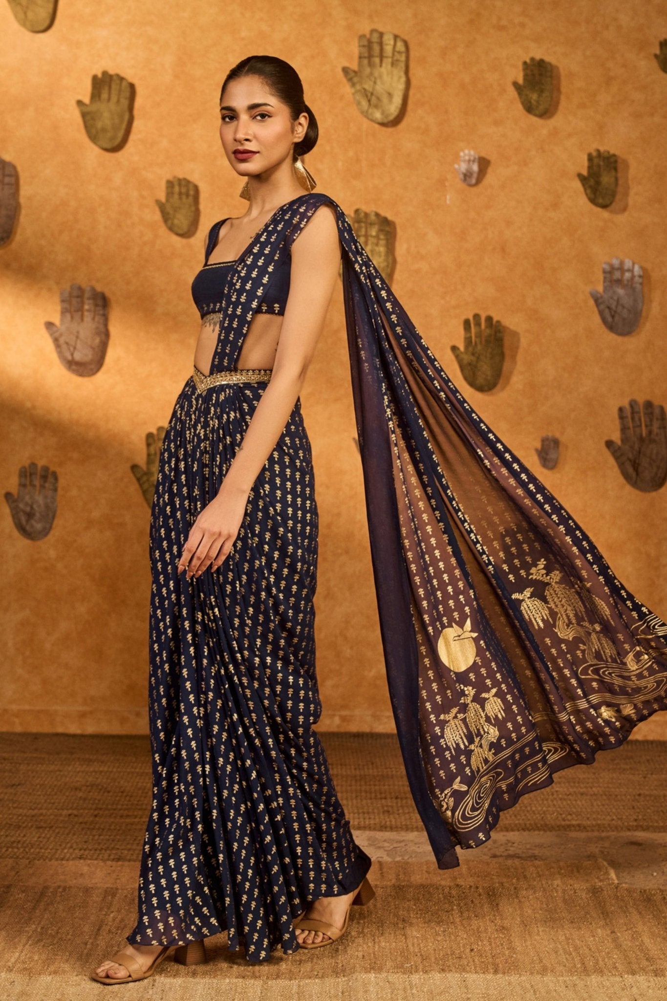 Navy Blue Draped Saree Set - Masaba - Elahe