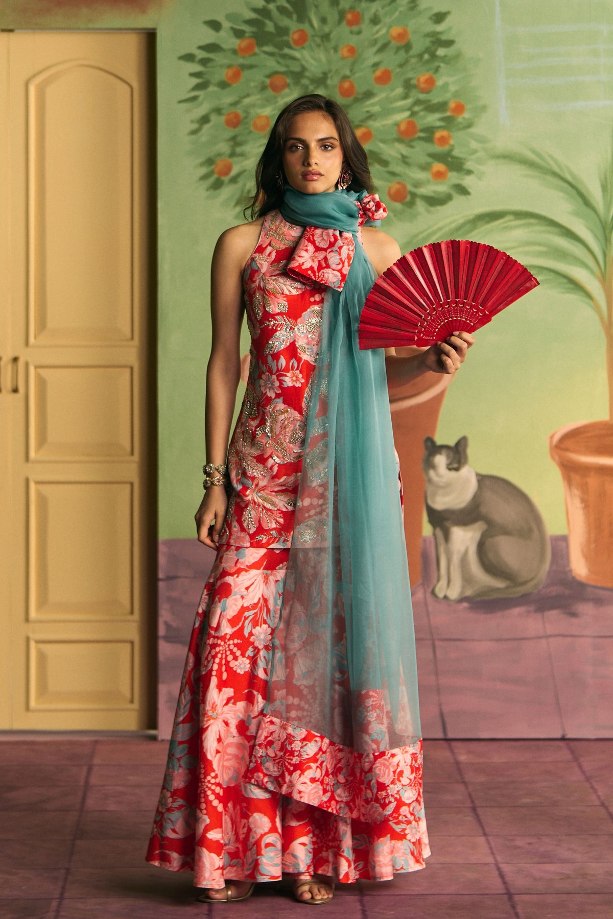 Red Apricot Garden Sharara Set