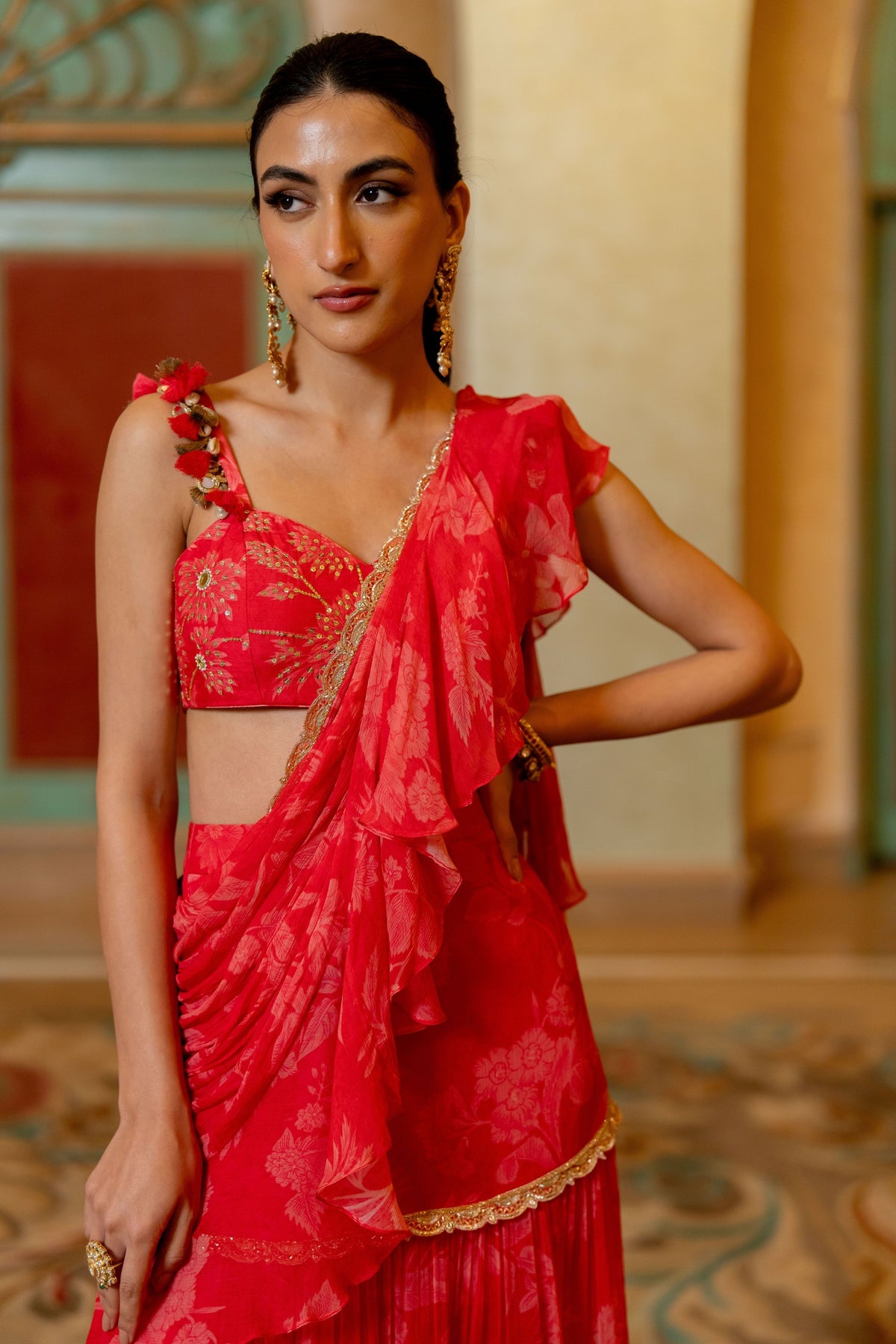 Cherry Red Printed Saree Set