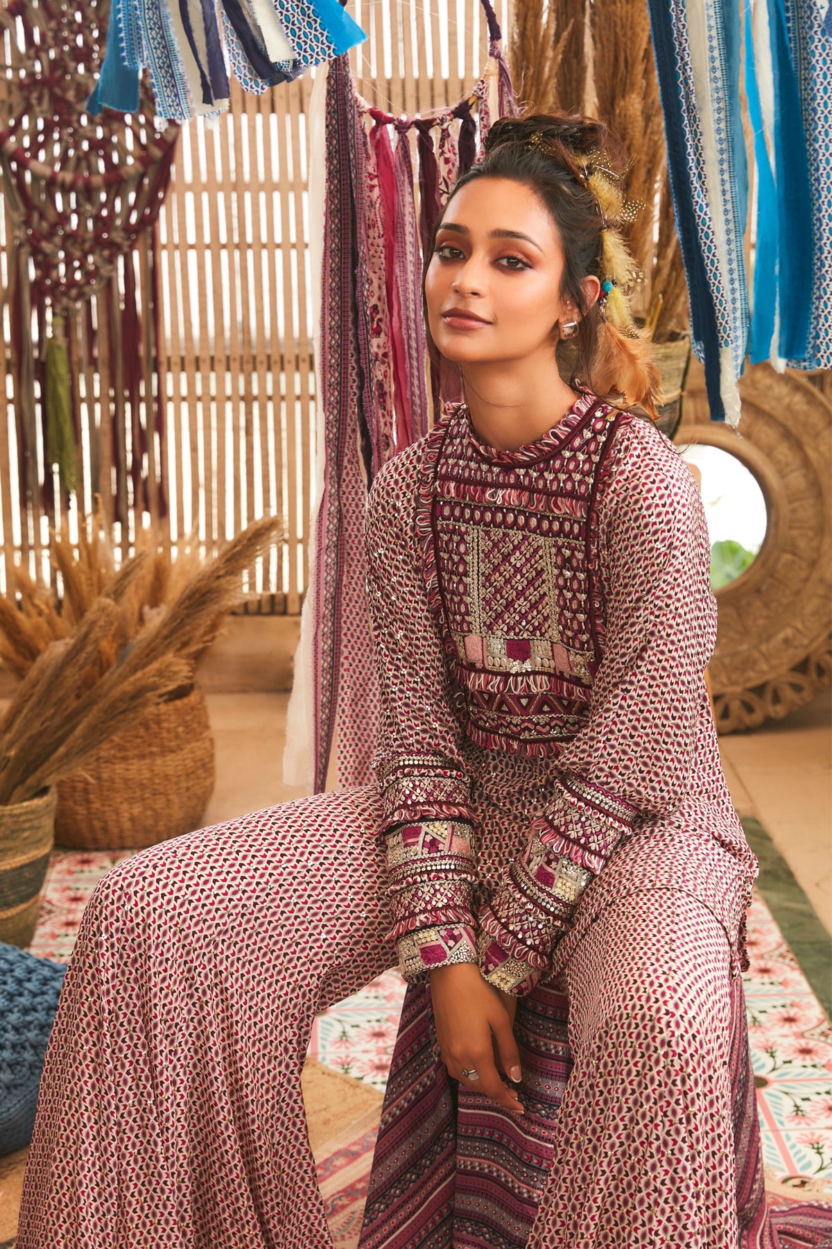 Merlot Geometric Printed Tunic Set