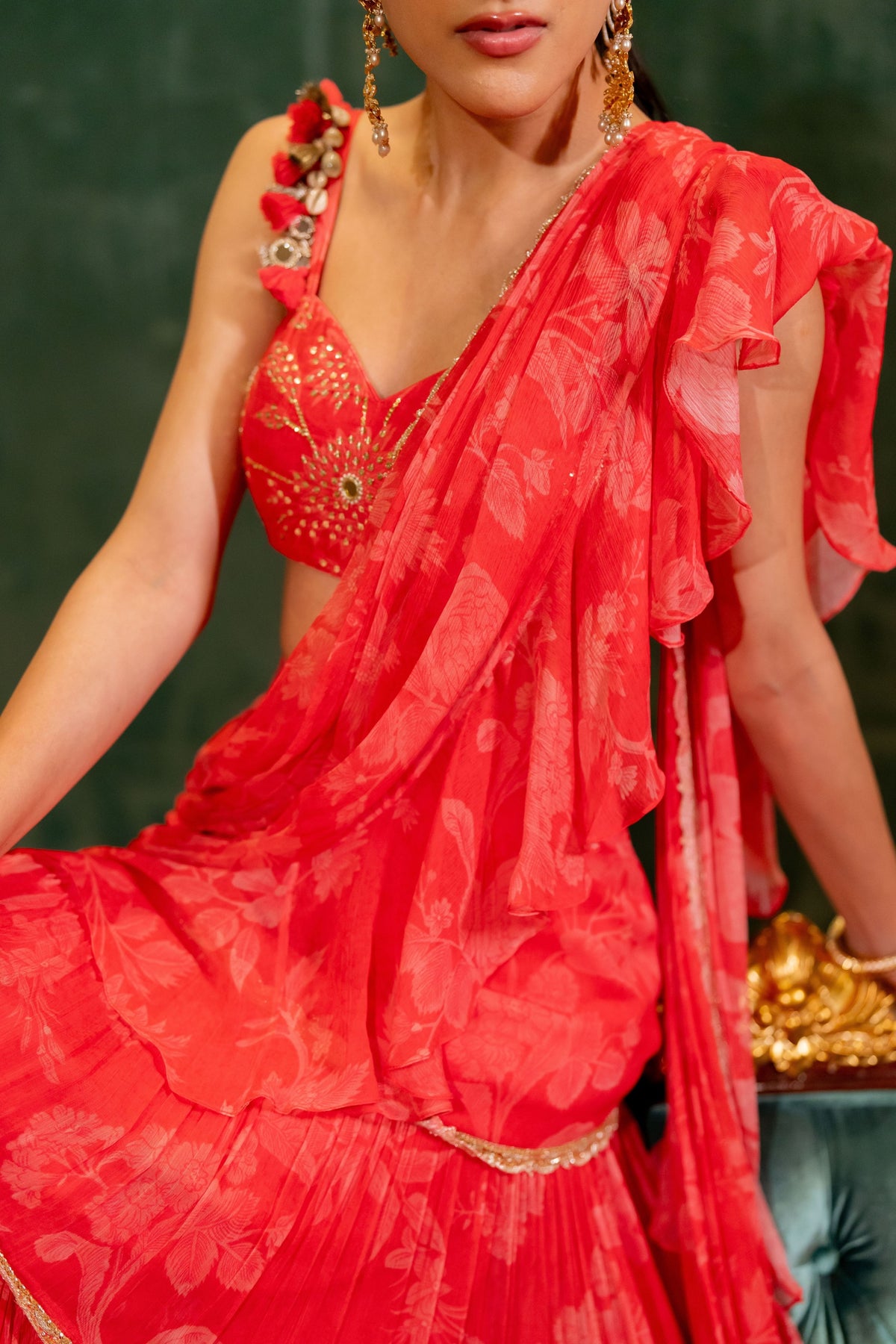 Cherry Red Printed Saree Set