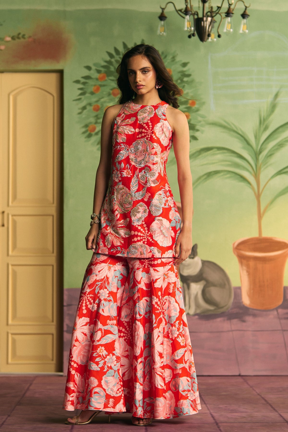Red Apricot Garden Sharara Set