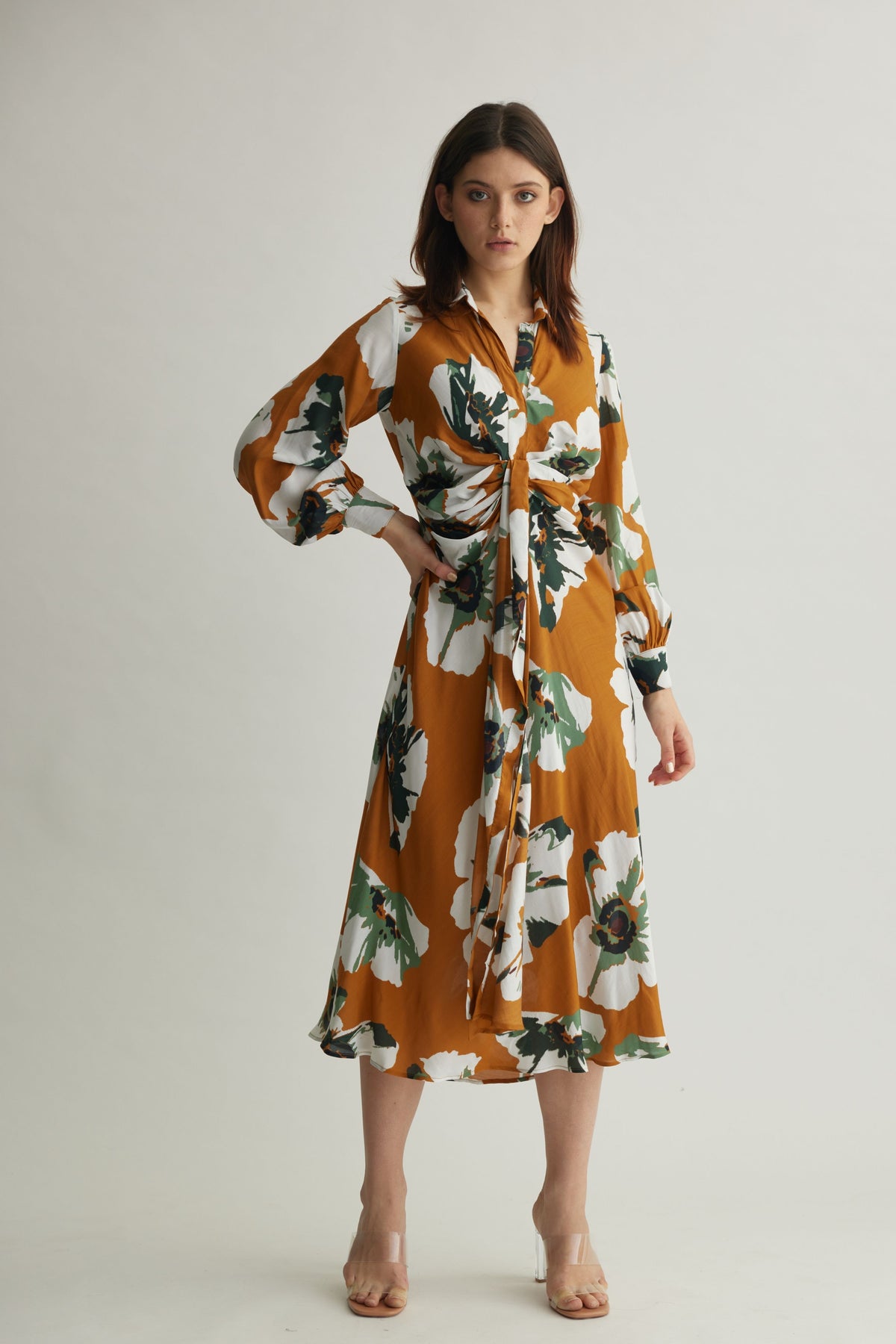 White Floral Drape Shirt Dress