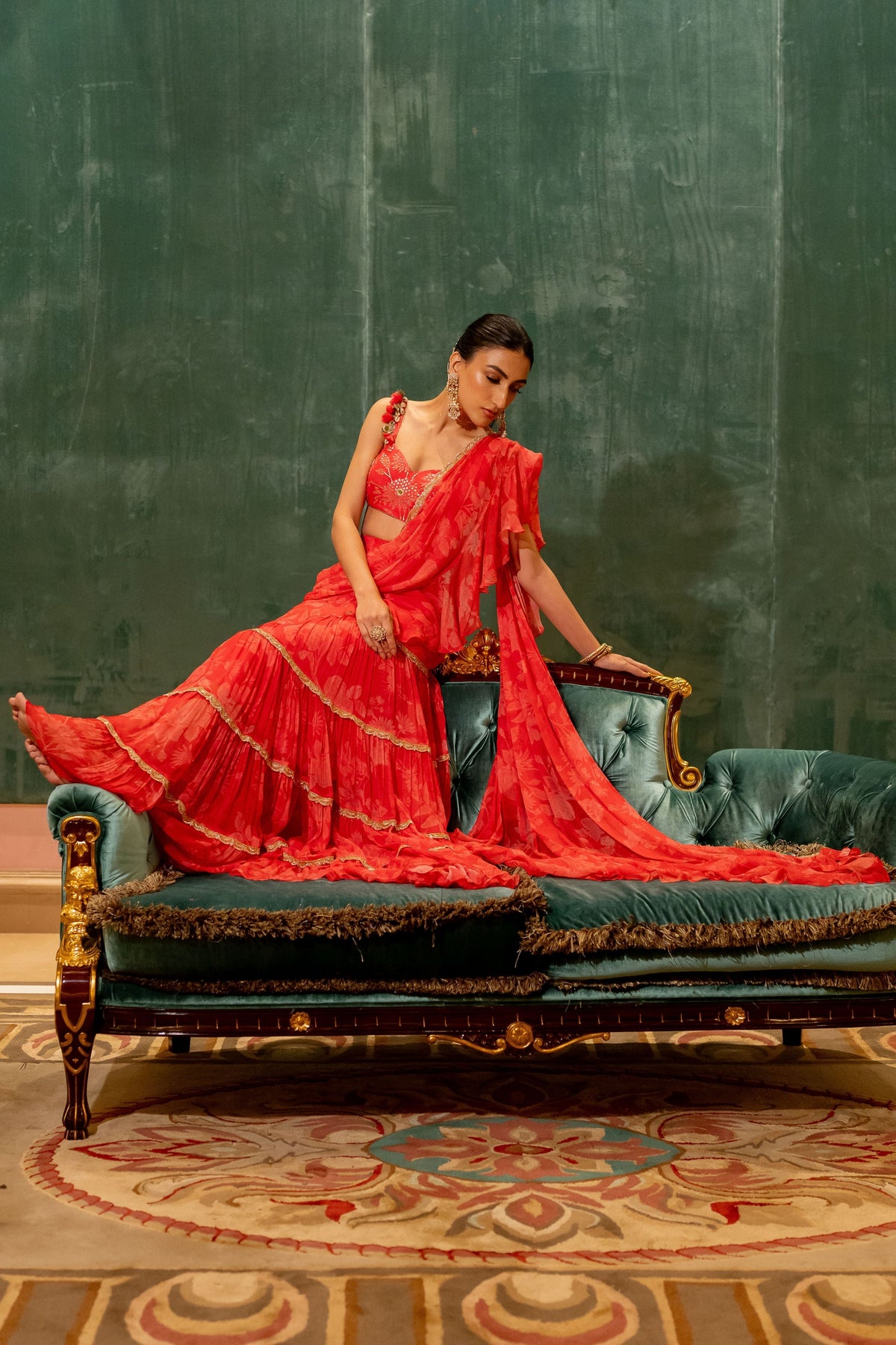 Cherry Red Printed Saree Set