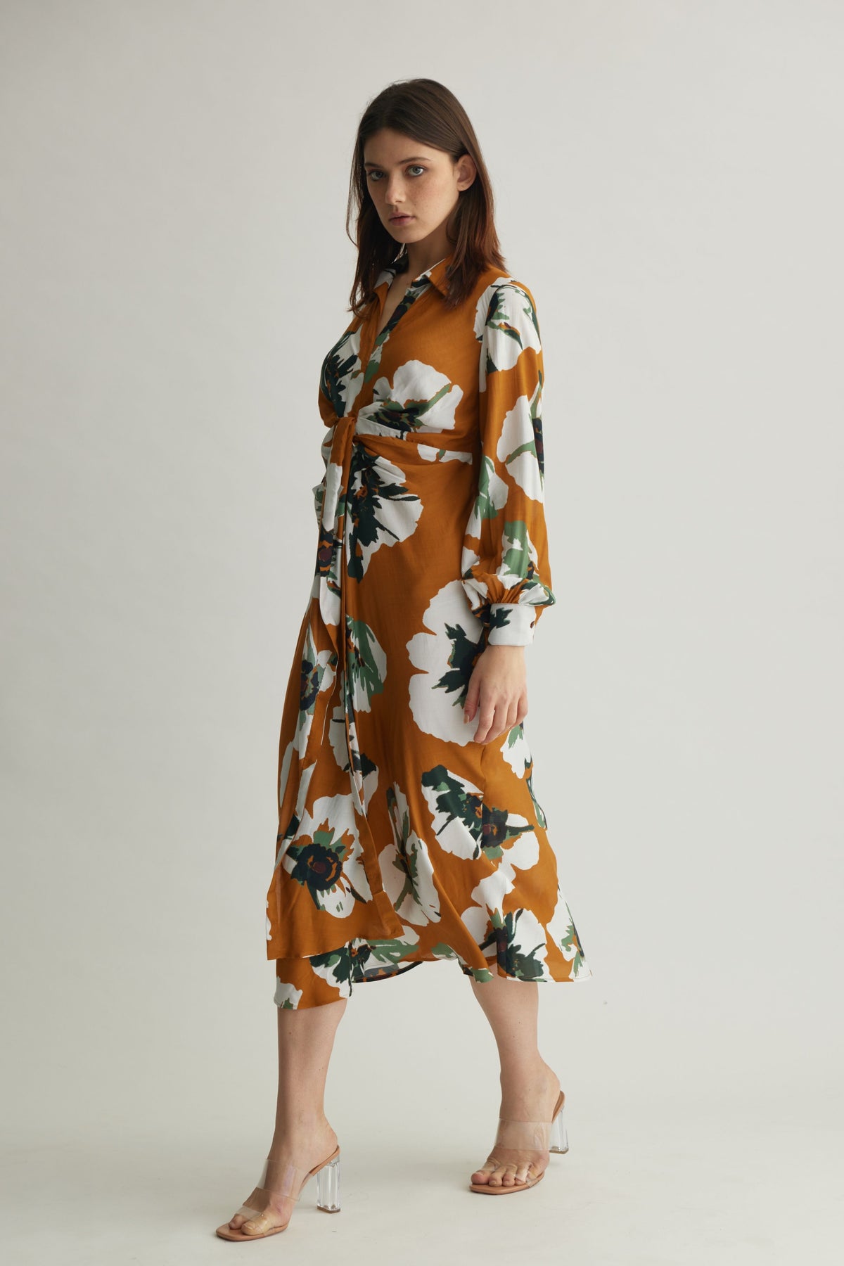 White Floral Drape Shirt Dress