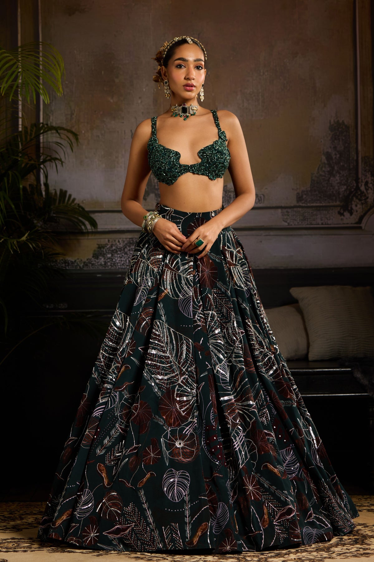 Dark Green Embellished Lehenga Set