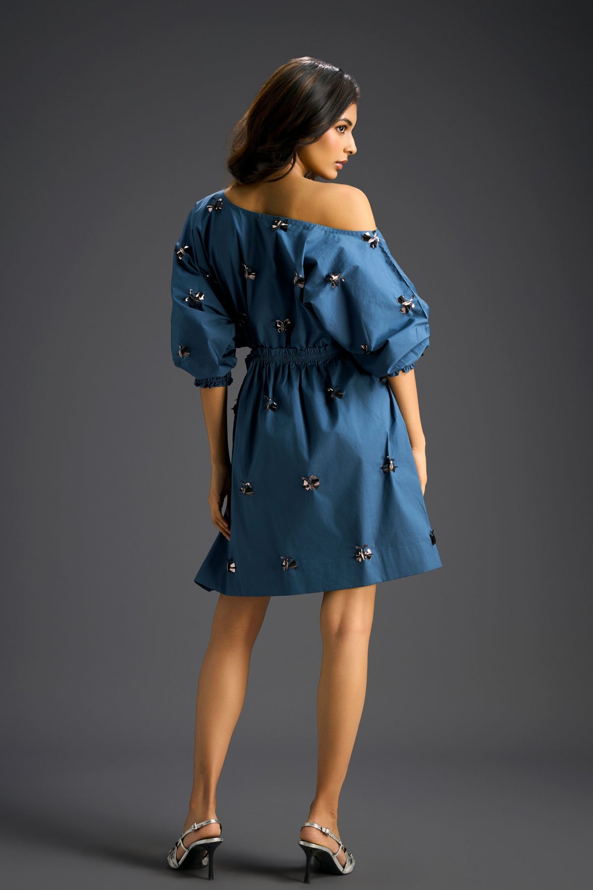 Blue Off Shoulder Cotton Dress