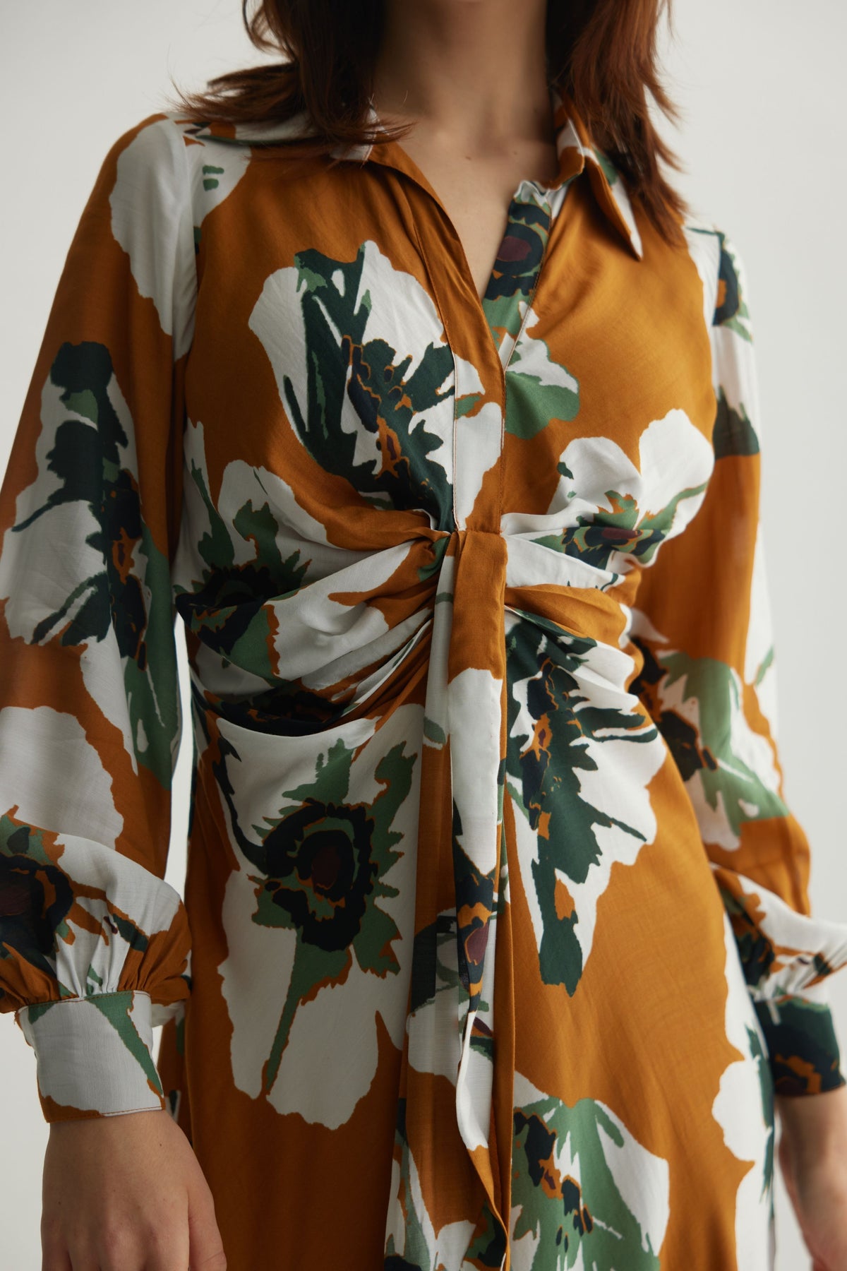 White Floral Drape Shirt Dress