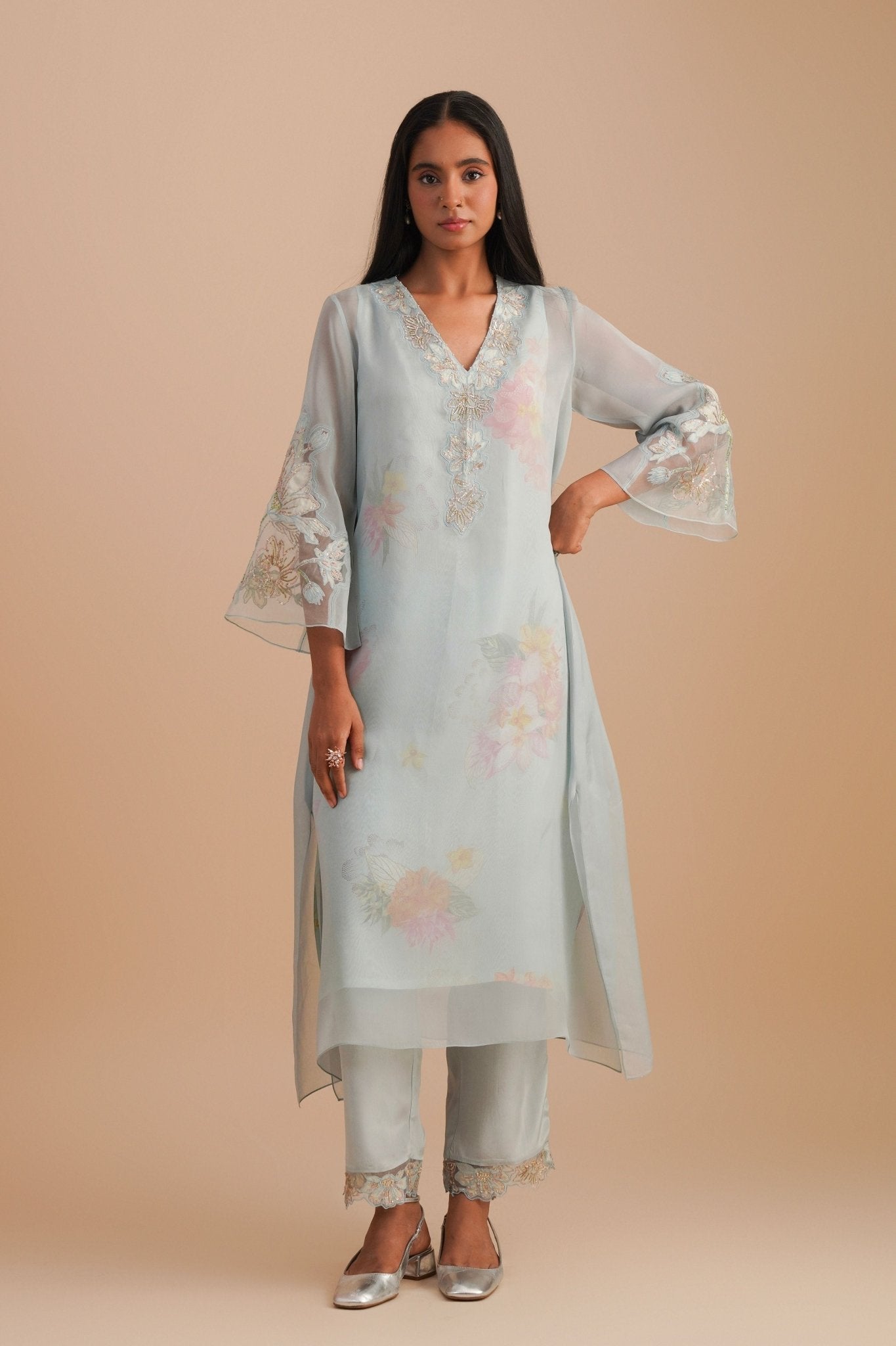 Powder Blue Organza Kurta Set - One Not Two - Elahe