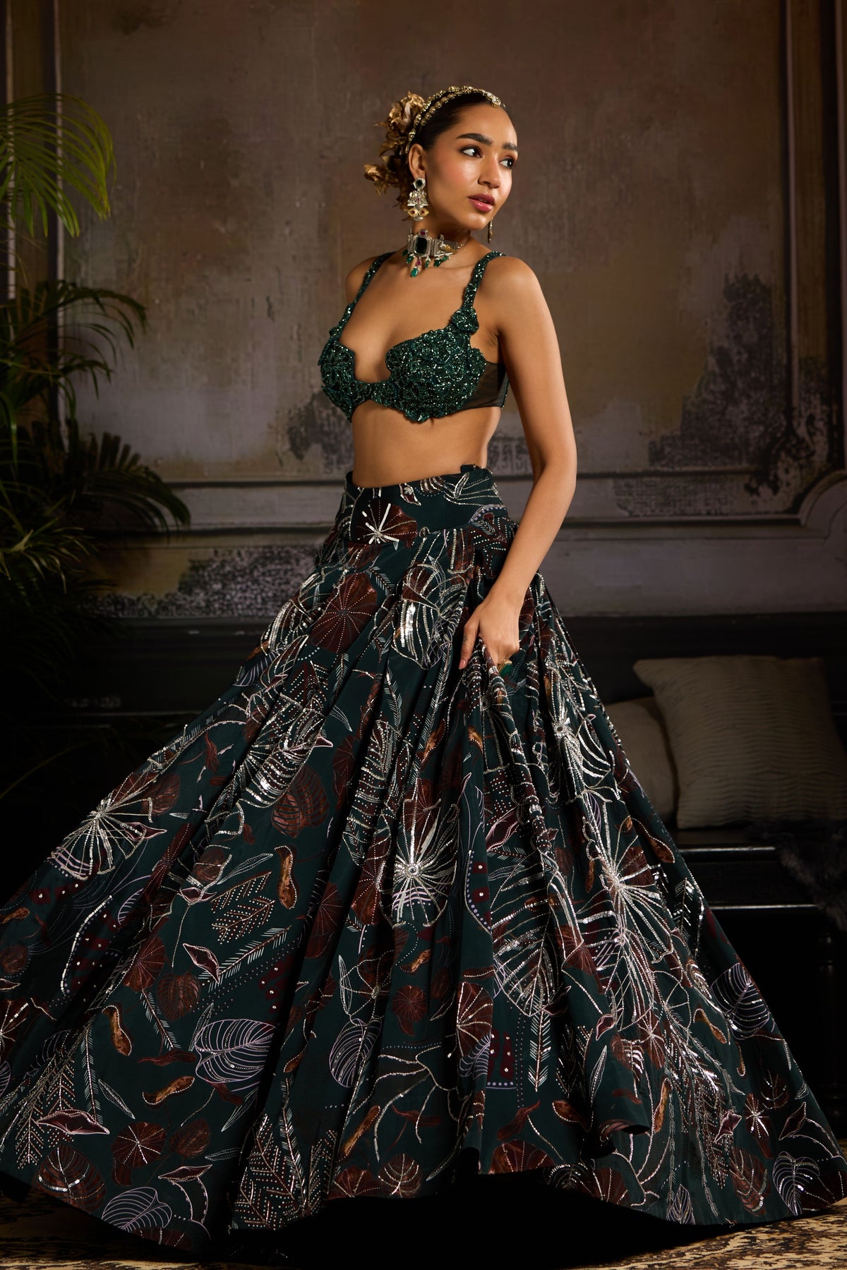 Dark Green Embellished Lehenga Set