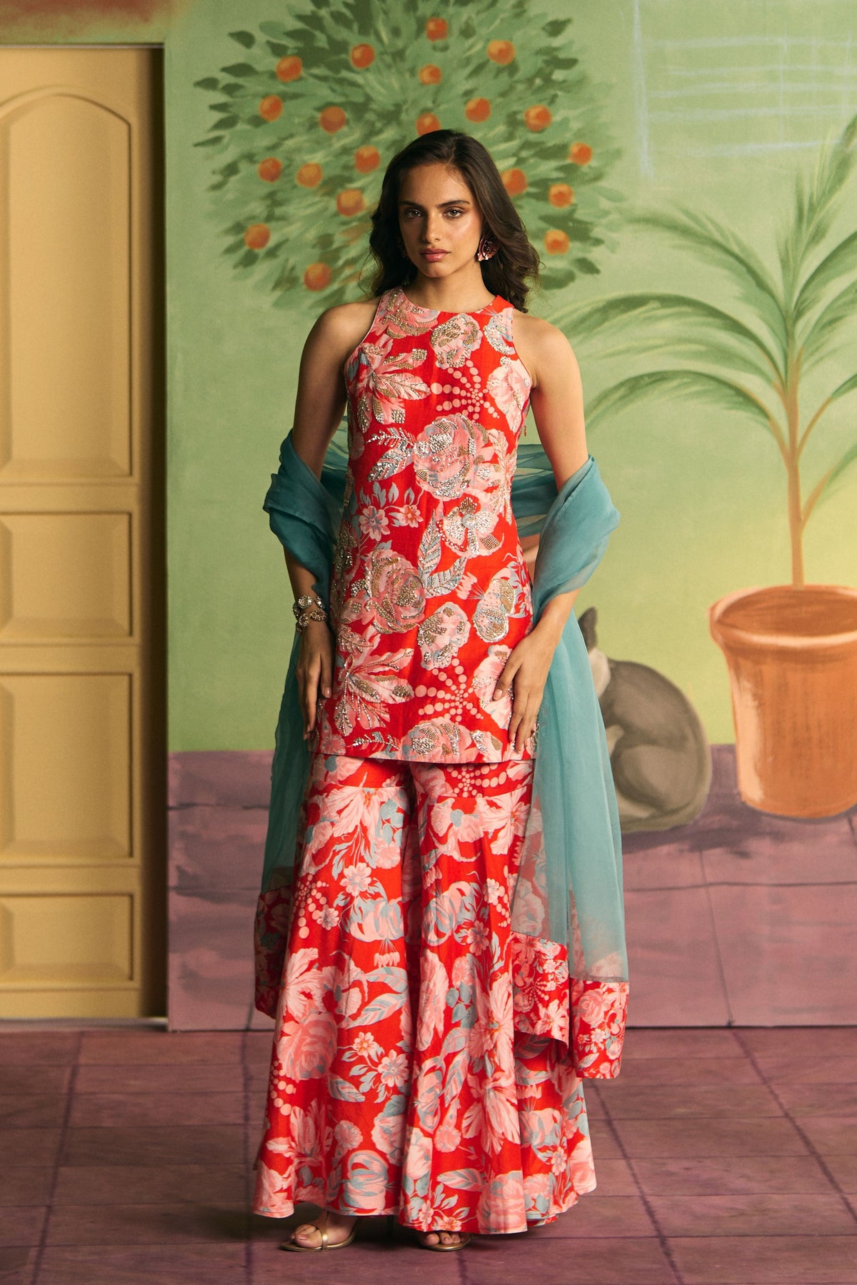 Red Apricot Garden Sharara Set