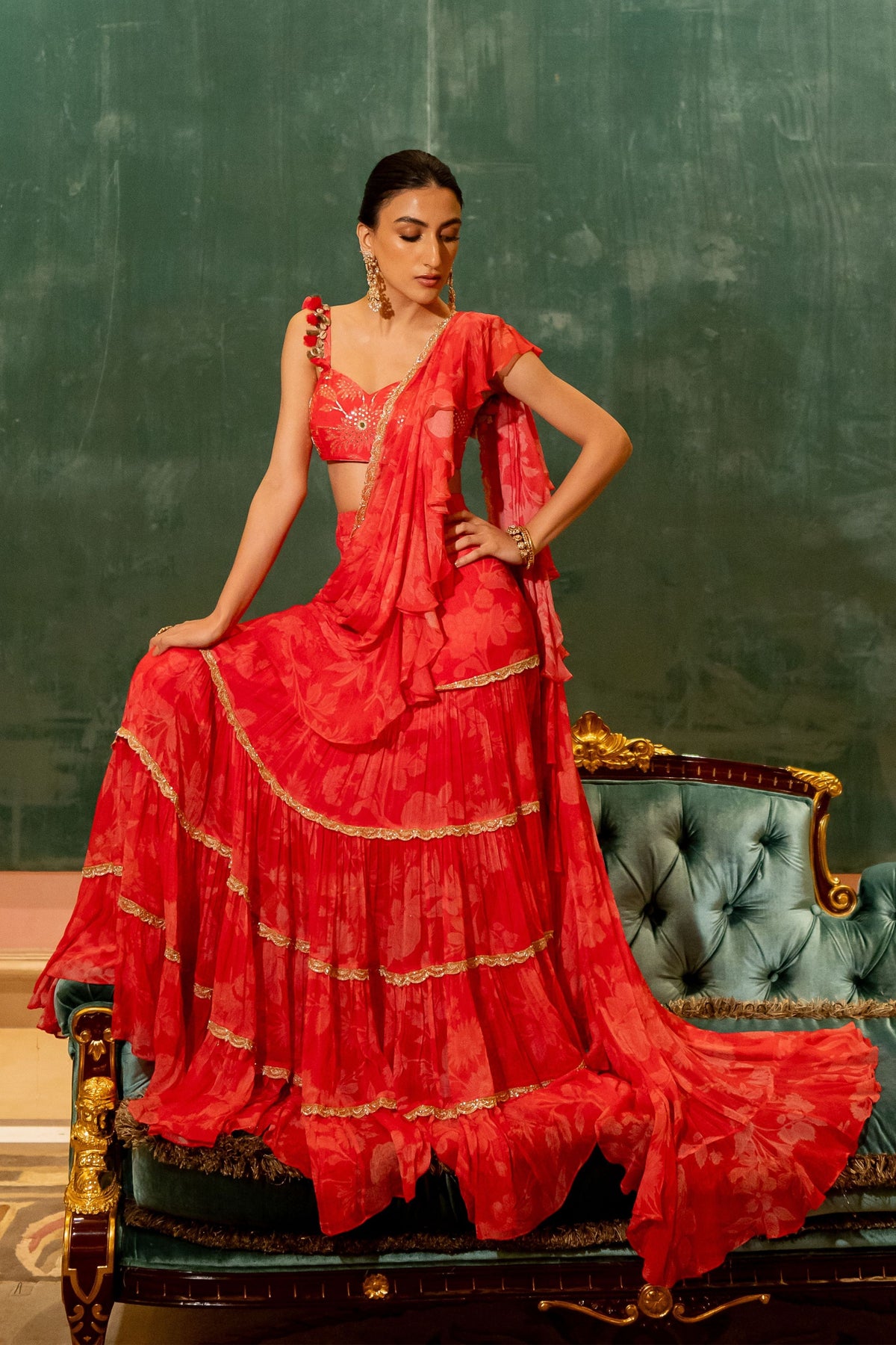 Cherry Red Printed Saree Set
