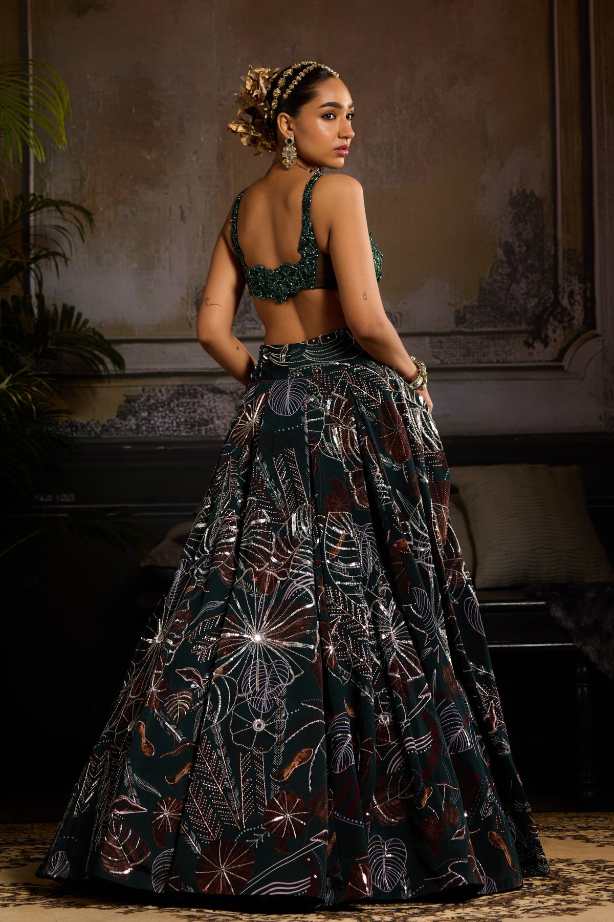 Dark Green Embellished Lehenga Set