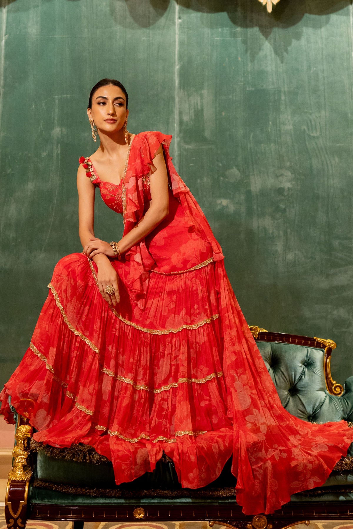 Cherry Red Printed Saree Set