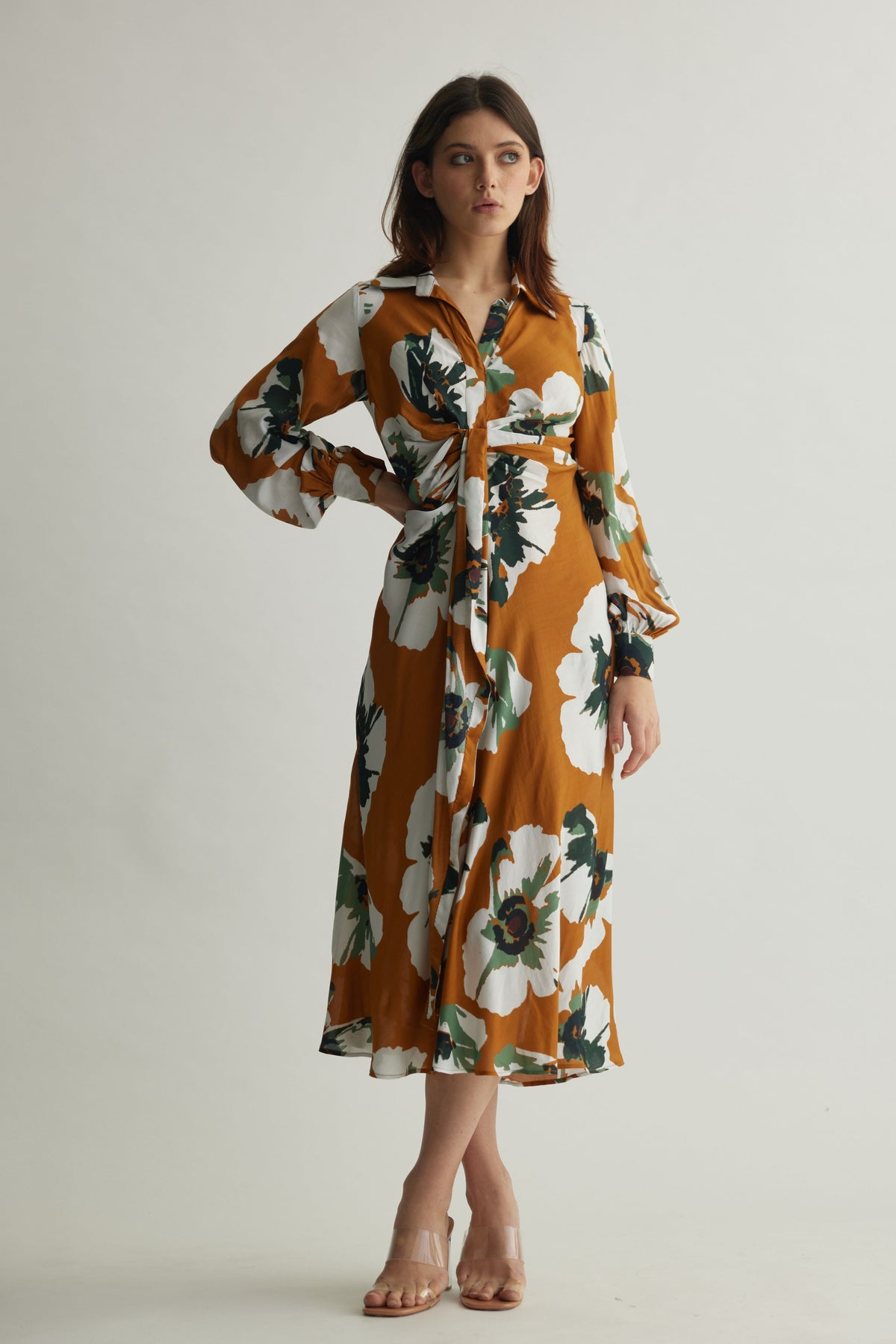 White Floral Drape Shirt Dress