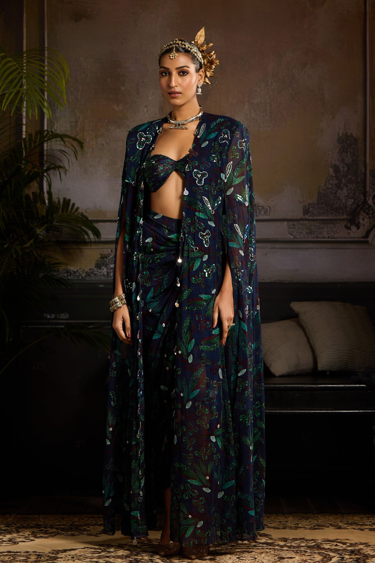 Dark Blue Print Cape Set