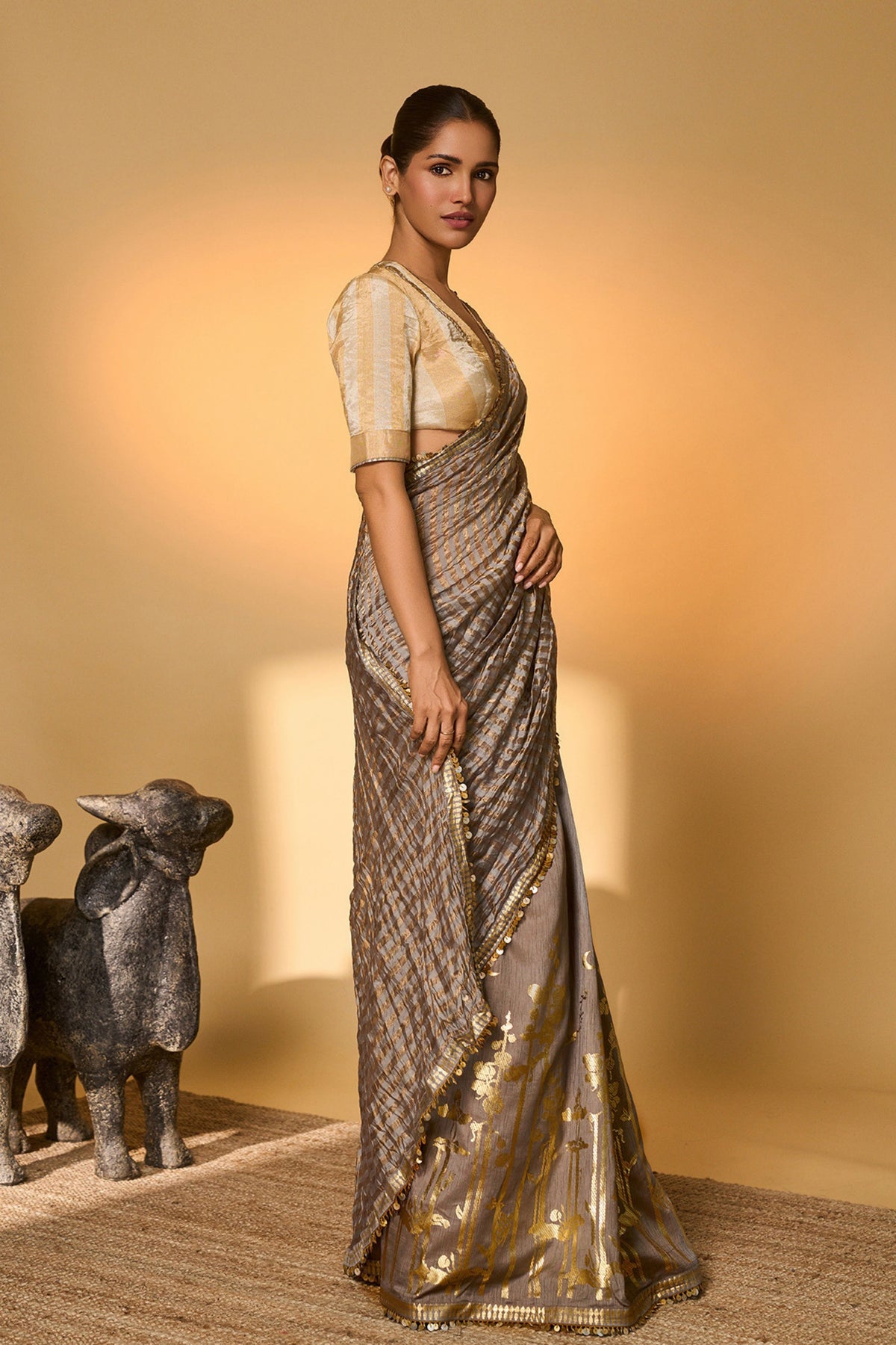 Grey Moonfield Zari Stripes Saree