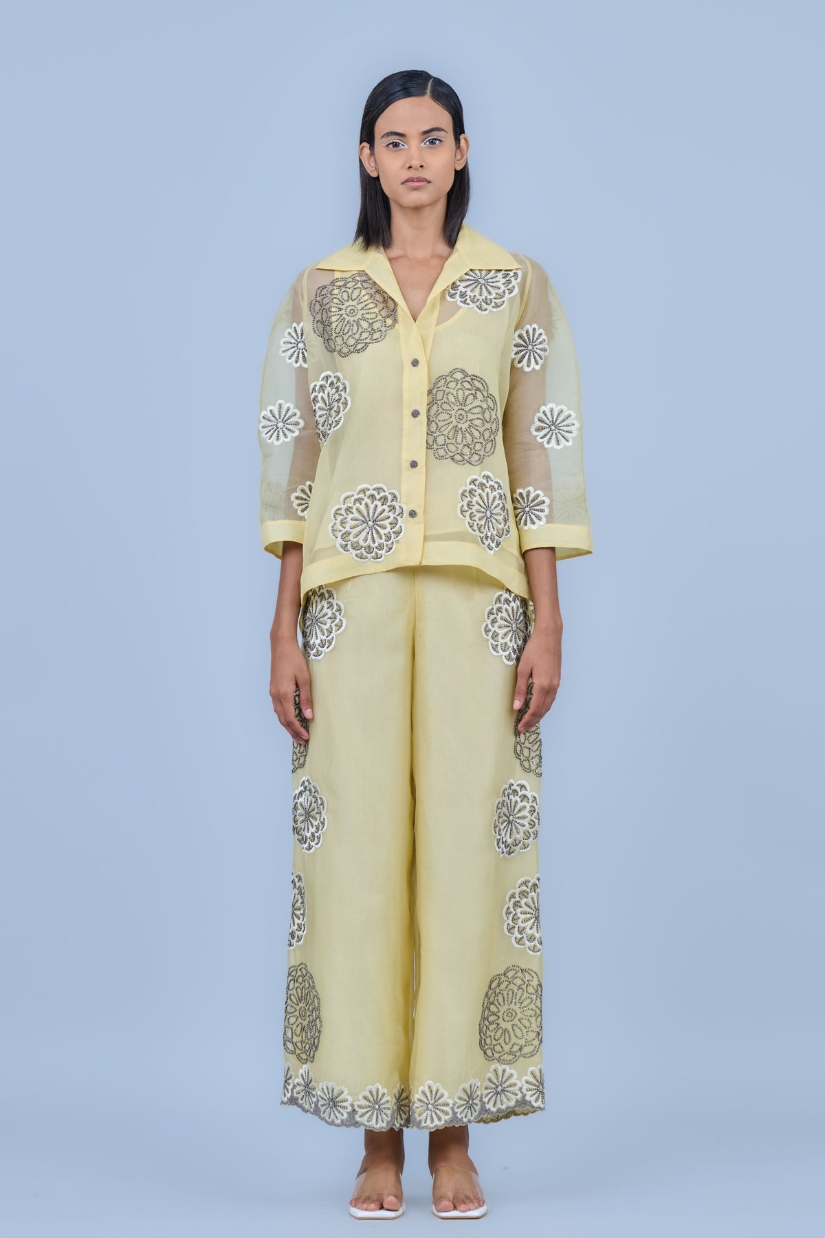 Silk Organza Threadwork Pants in Yellow