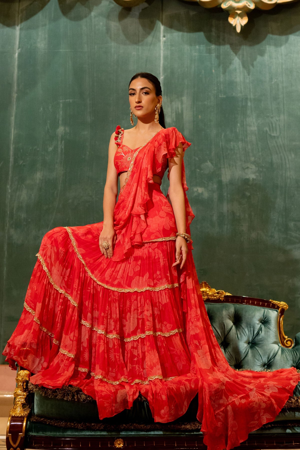 Cherry Red Printed Saree Set