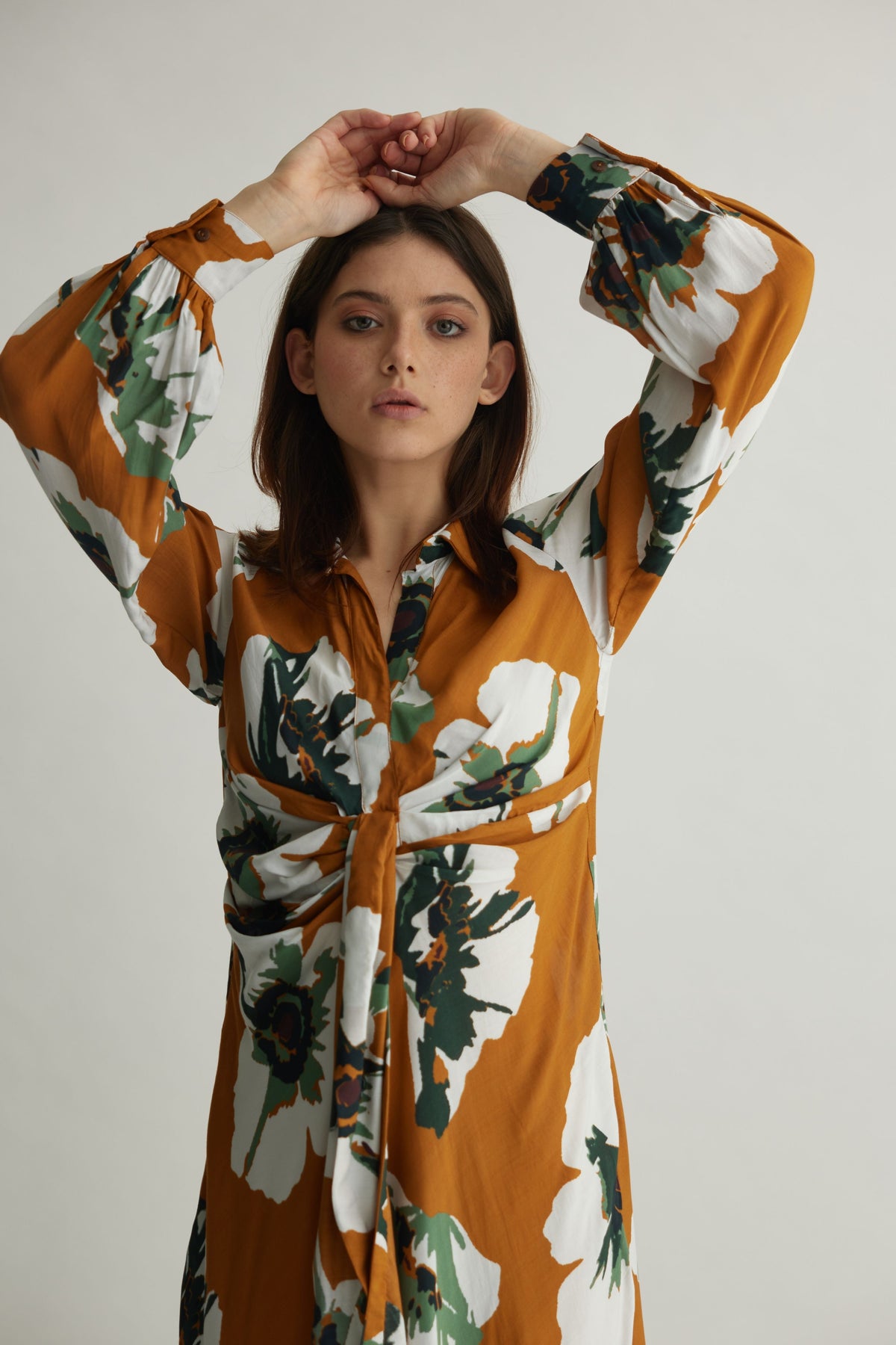 White Floral Drape Shirt Dress