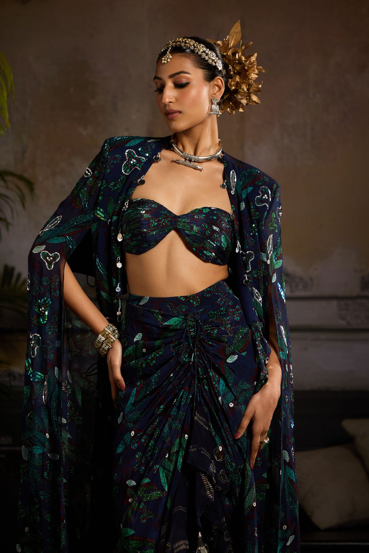 Dark Blue Print Cape Set