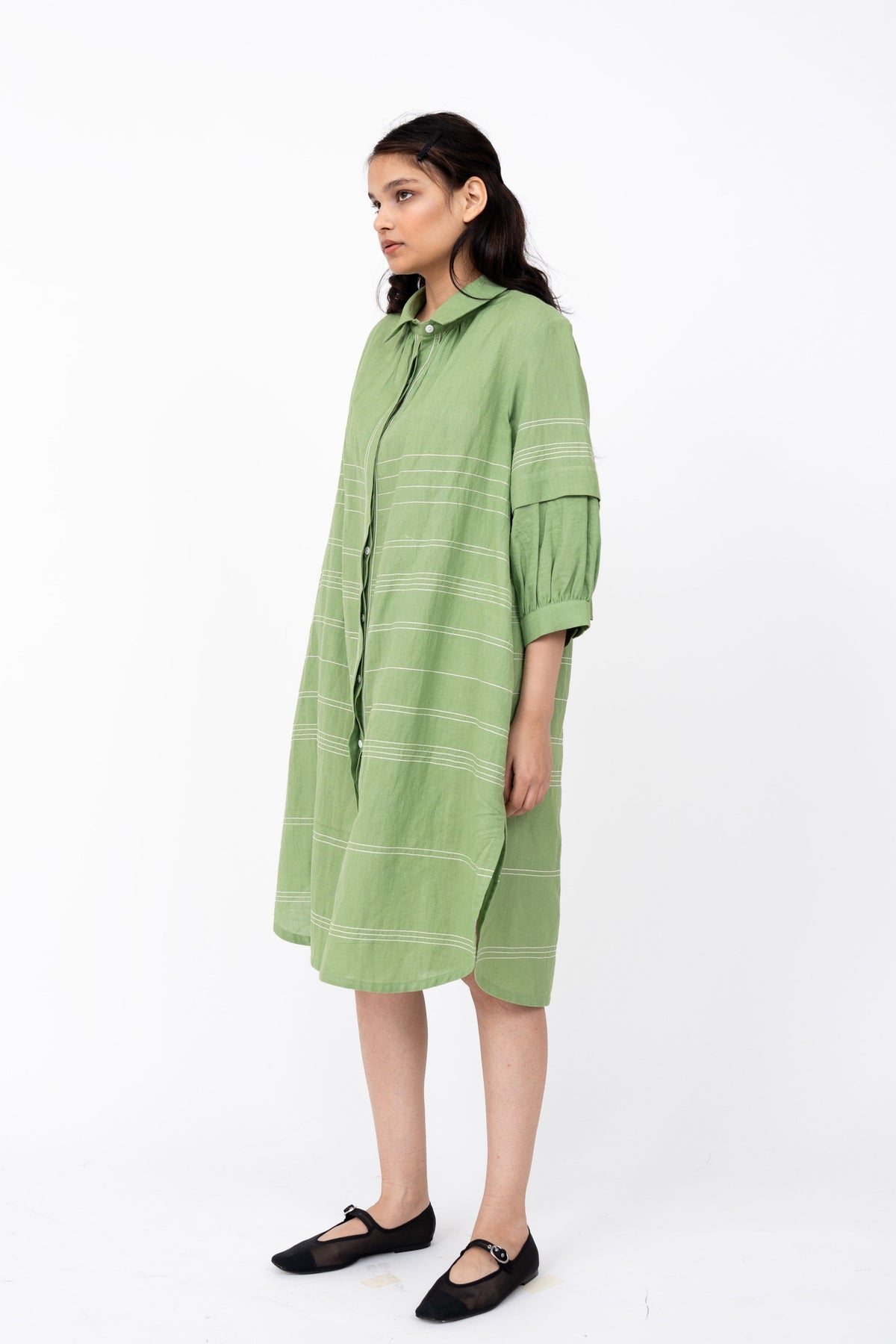 Pleated Fence Green Shirt Dress