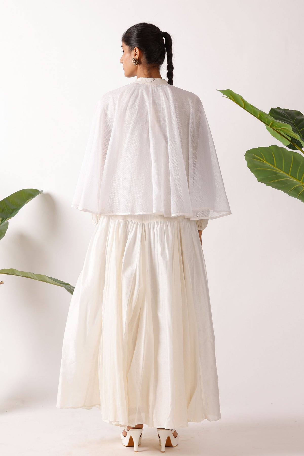 Cream Jamdani Godet Cape Dress