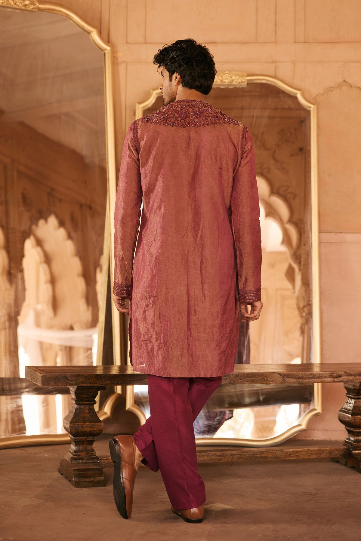 Wine Tissue Kurta Set