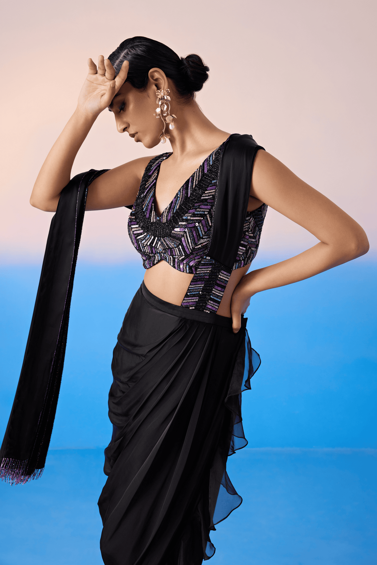 Black Draped Saree Set