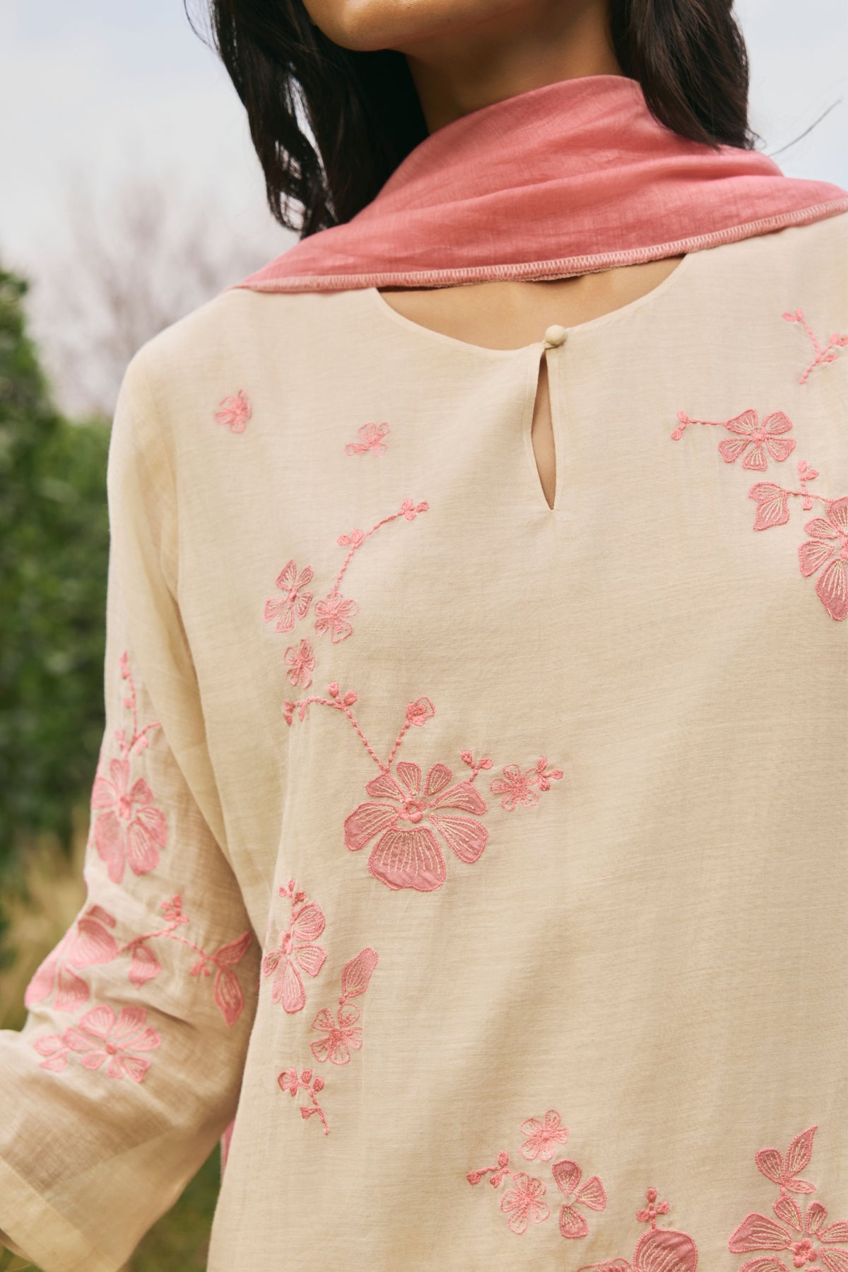 Ecru  Floral Applique Kurta Set